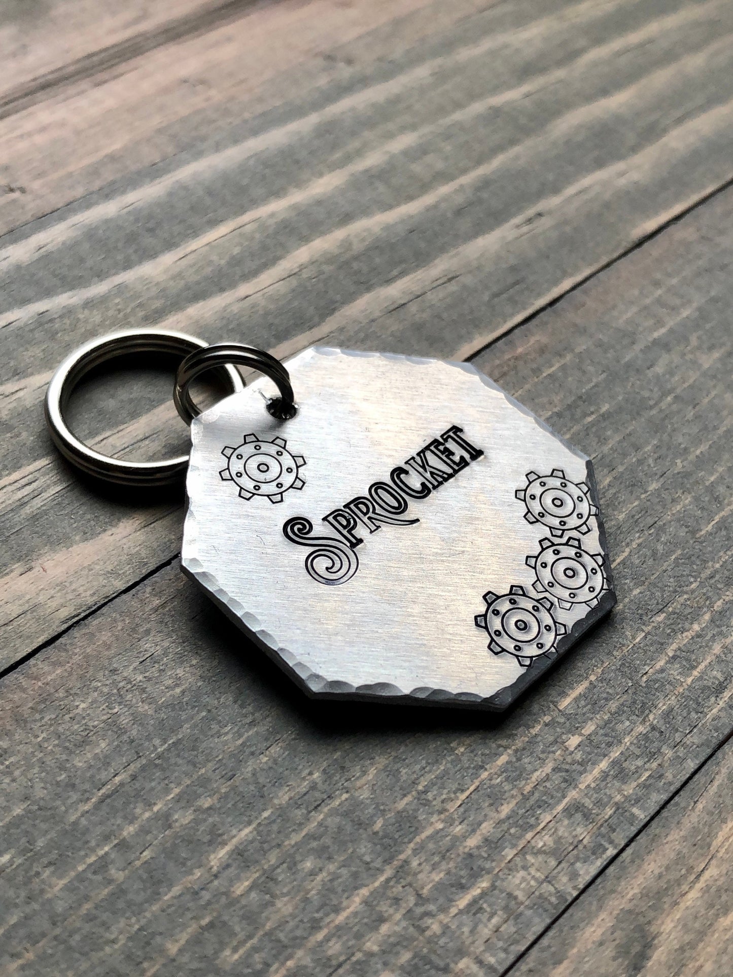 Sprocket Name Tag for Dog, Gearhead Hand Stamped Pet ID Tag, Gears, Personalized Dog Tag for Dog, Mechanic Dog Tag, Octagon Dog Tag