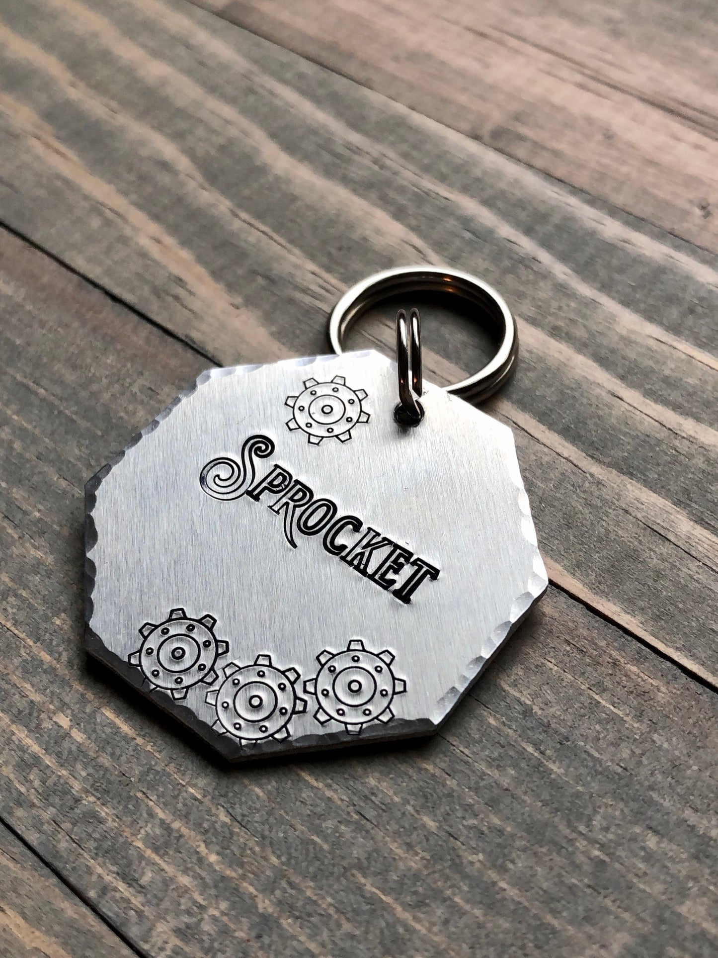 Sprocket Name Tag for Dog, Gearhead Hand Stamped Pet ID Tag, Gears, Personalized Dog Tag for Dog, Mechanic Dog Tag, Octagon Dog Tag