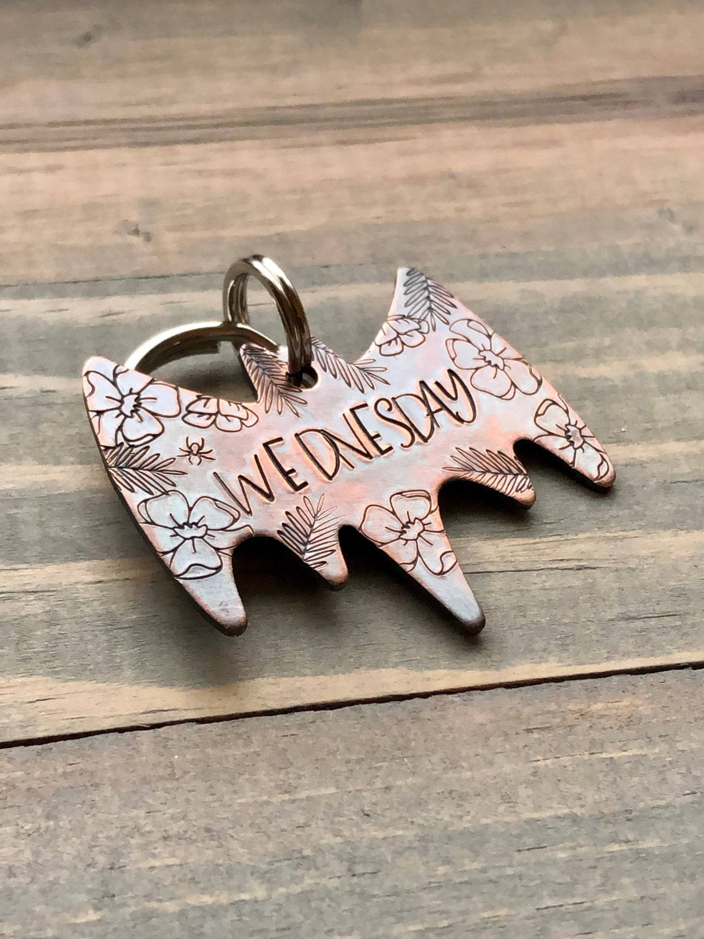 Custom Dog Tag, Bat Shaped Pet ID, Bat Dog Tag, Dog Collar with Flowers, Flowered Bat Pet Tag, Personalized Dog Tag, Tattoo Pet Tag
