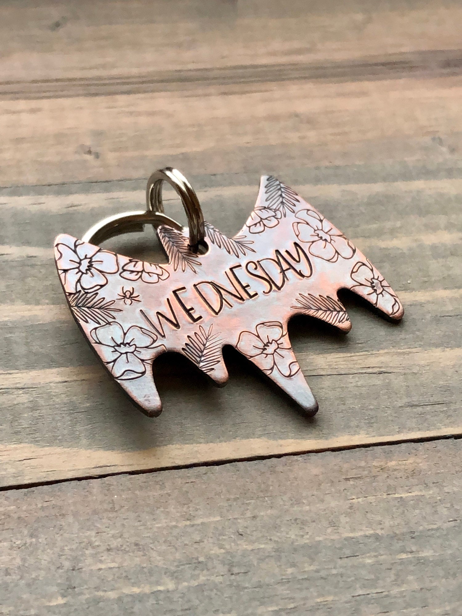 Custom Dog Tag, Bat Shaped Pet ID, Bat Dog Tag, Dog Collar with Flowers, Flowered Bat Pet Tag, Personalized Dog Tag, Tattoo Pet Tag