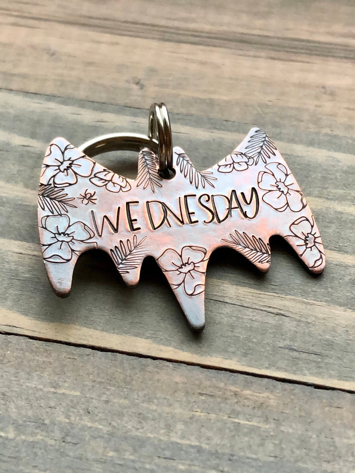 Custom Dog Tag, Bat Shaped Pet ID, Bat Dog Tag, Dog Collar with Flowers, Flowered Bat Pet Tag, Personalized Dog Tag, Tattoo Pet Tag