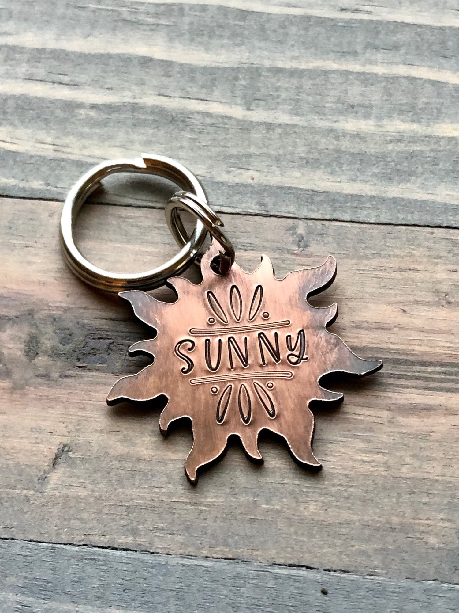 Sun Dog Name Tag for Dog, Hand Stamped Pet ID Tag,  Personalized Dog Tag for Pet, Sun Shaped Dog ID Tag, Sunburst Pet ID
