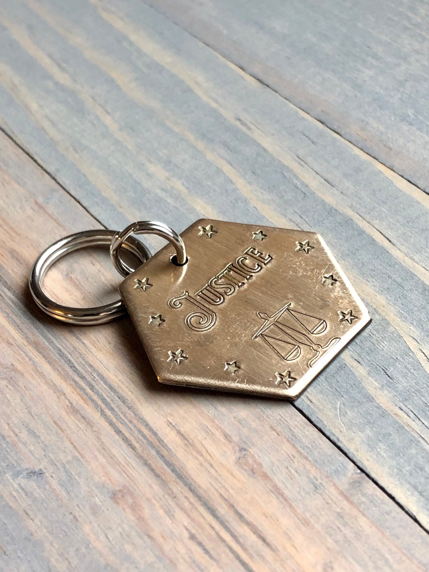 Name Tag for Dog, Hand Stamped Pet ID Tag, Dog ID Tag with Scales of Justice, Personalized Dog Tag, Beam Scale, Liberty, Justice Pet ID Star