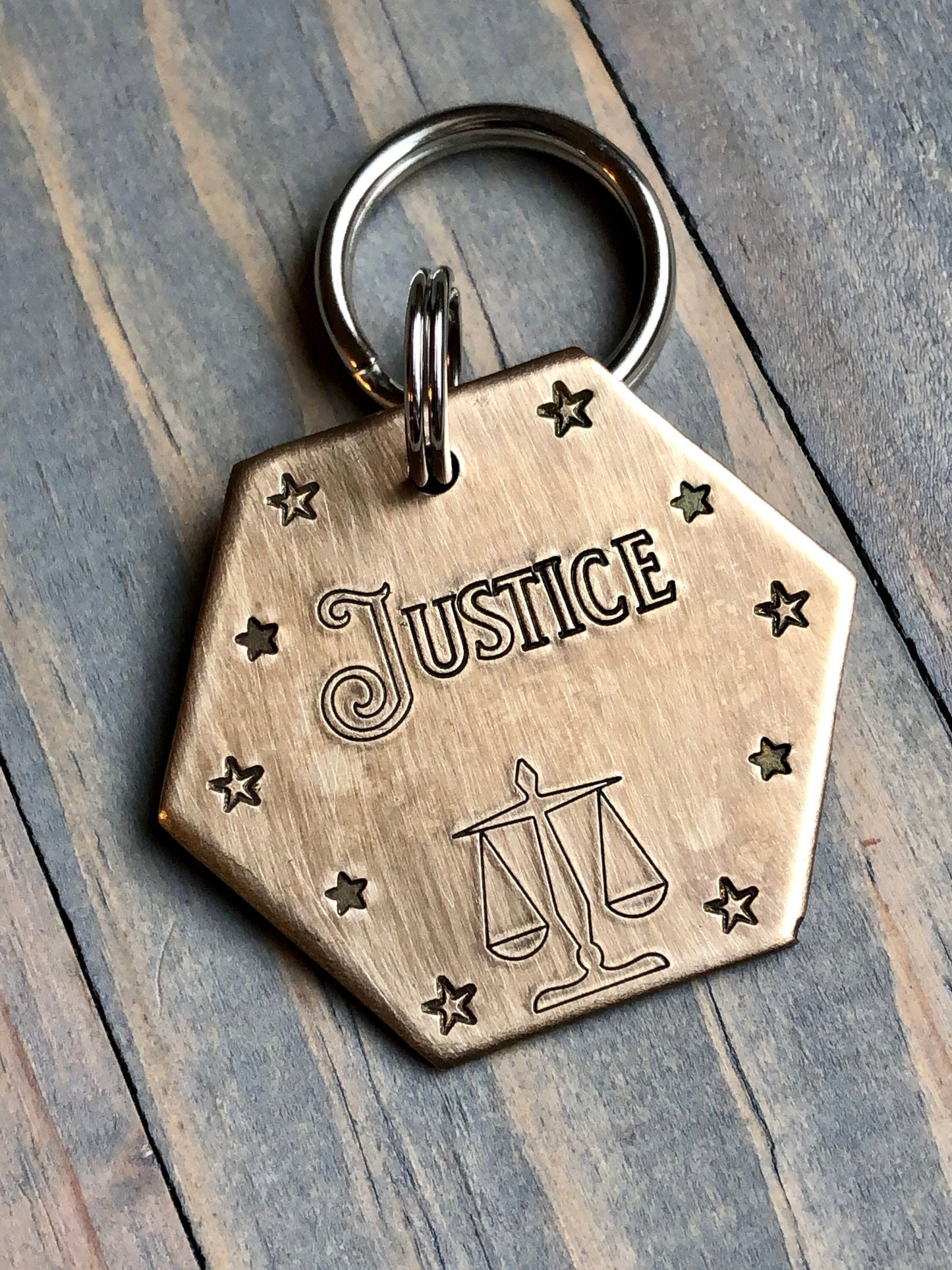Name Tag for Dog, Hand Stamped Pet ID Tag, Dog ID Tag with Scales of Justice, Personalized Dog Tag, Beam Scale, Liberty, Justice Pet ID Star