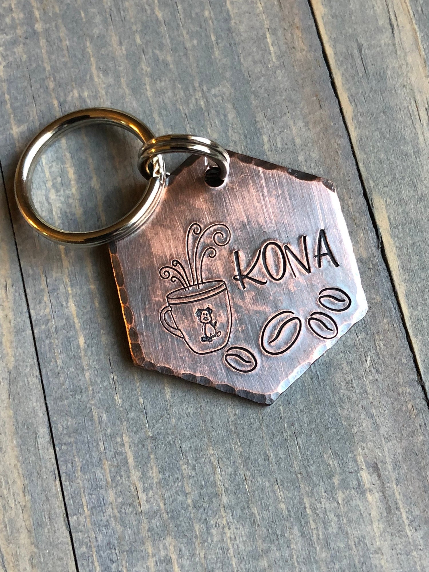 Coffee Name Tag for Dog, Hand Stamped Pet ID Tag, Coffee Beans, MochaTag, Personalized Dog Tag for Dog, Java Tag,  Kona Tag with Mug & Beans