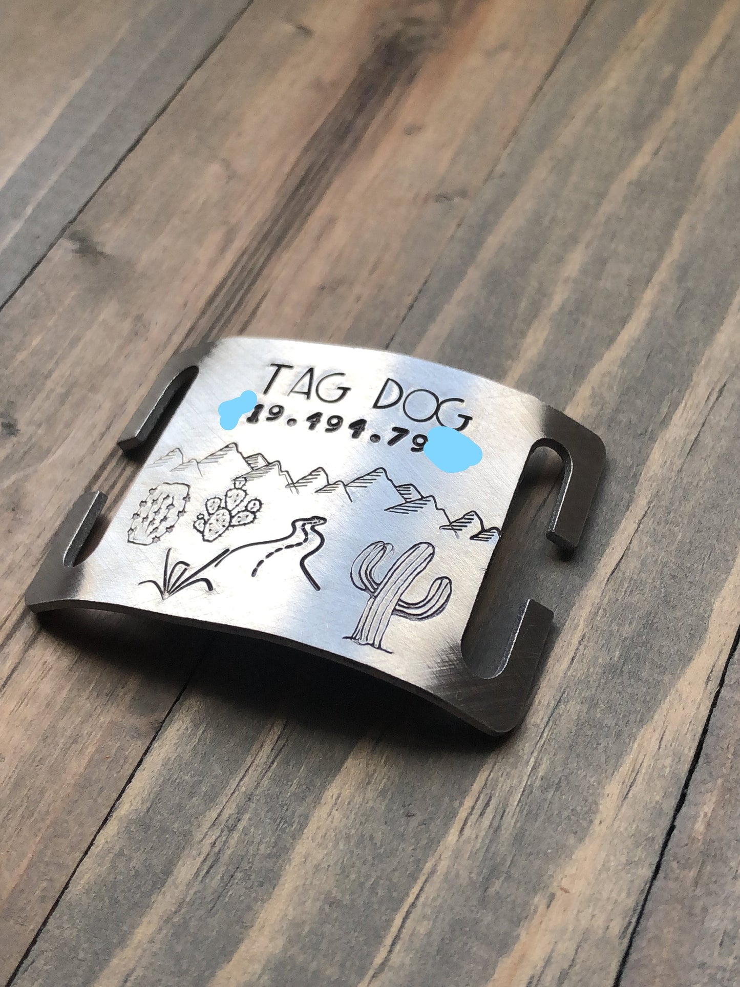 Quiet Slide Dog Tag, Silent Dog Tag, No Noise Dog Tag, Quiet Harness Slide, Cactus, Desert Dog Tag, Pet ID w/Mountains and Cactus