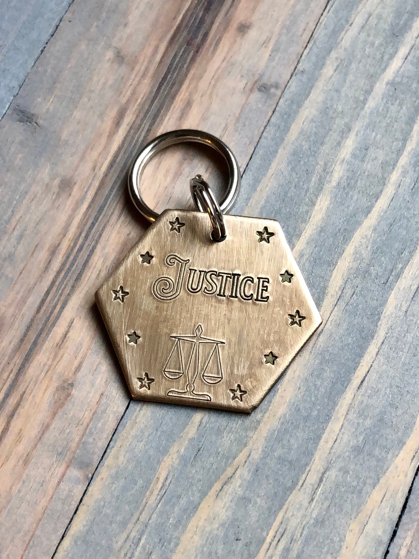 Name Tag for Dog, Hand Stamped Pet ID Tag, Dog ID Tag with Scales of Justice, Personalized Dog Tag, Beam Scale, Liberty, Justice Pet ID Star