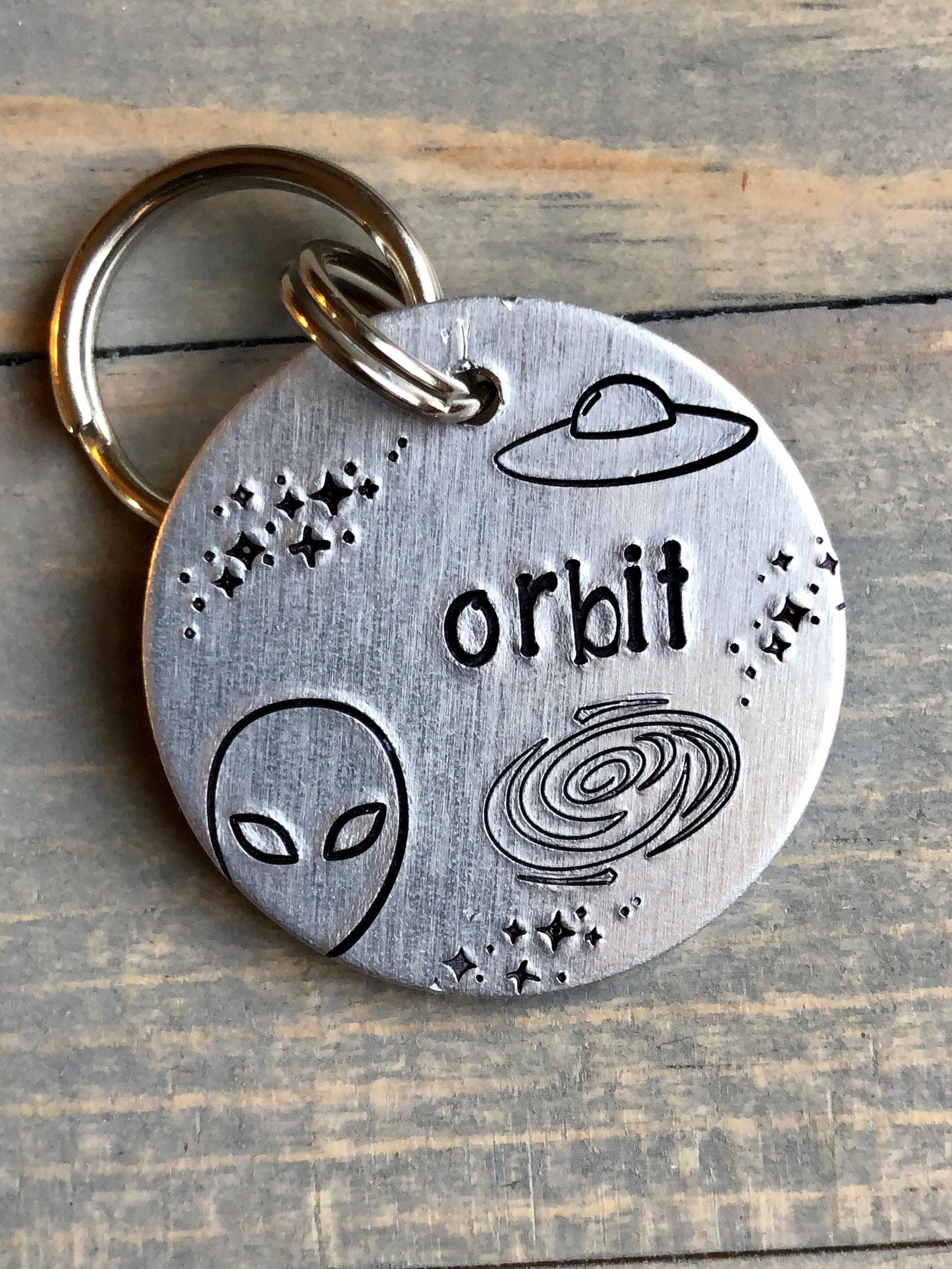 Dog ID Tag | Dog Tag with Alien Space Ship |Personalized Dog Tag | Tag for Dog | Dog Tag | Pet ID Tag with Stars | Orbit Tag