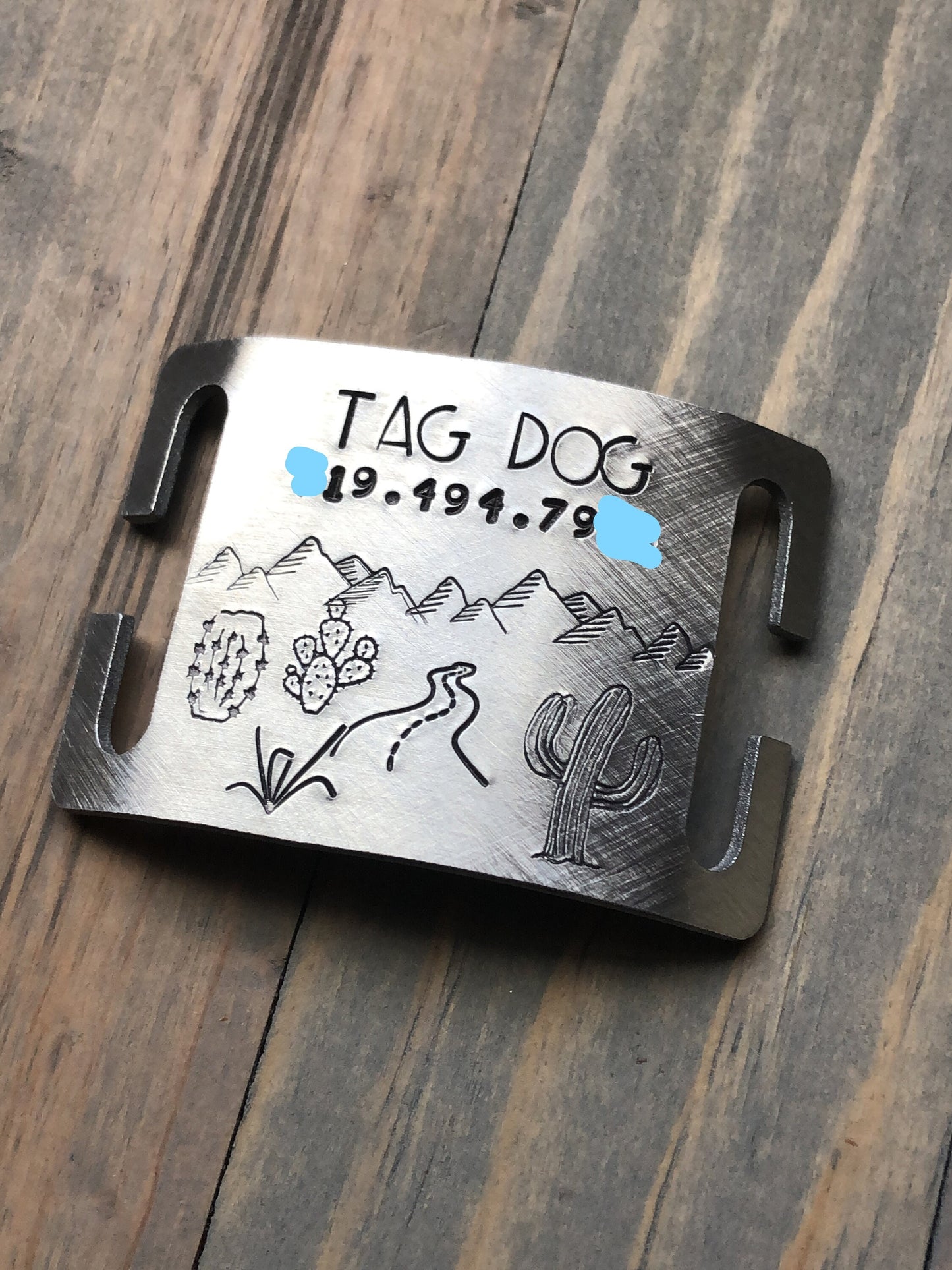 Quiet Slide Dog Tag, Silent Dog Tag, No Noise Dog Tag, Quiet Harness Slide, Cactus, Desert Dog Tag, Pet ID w/Mountains and Cactus
