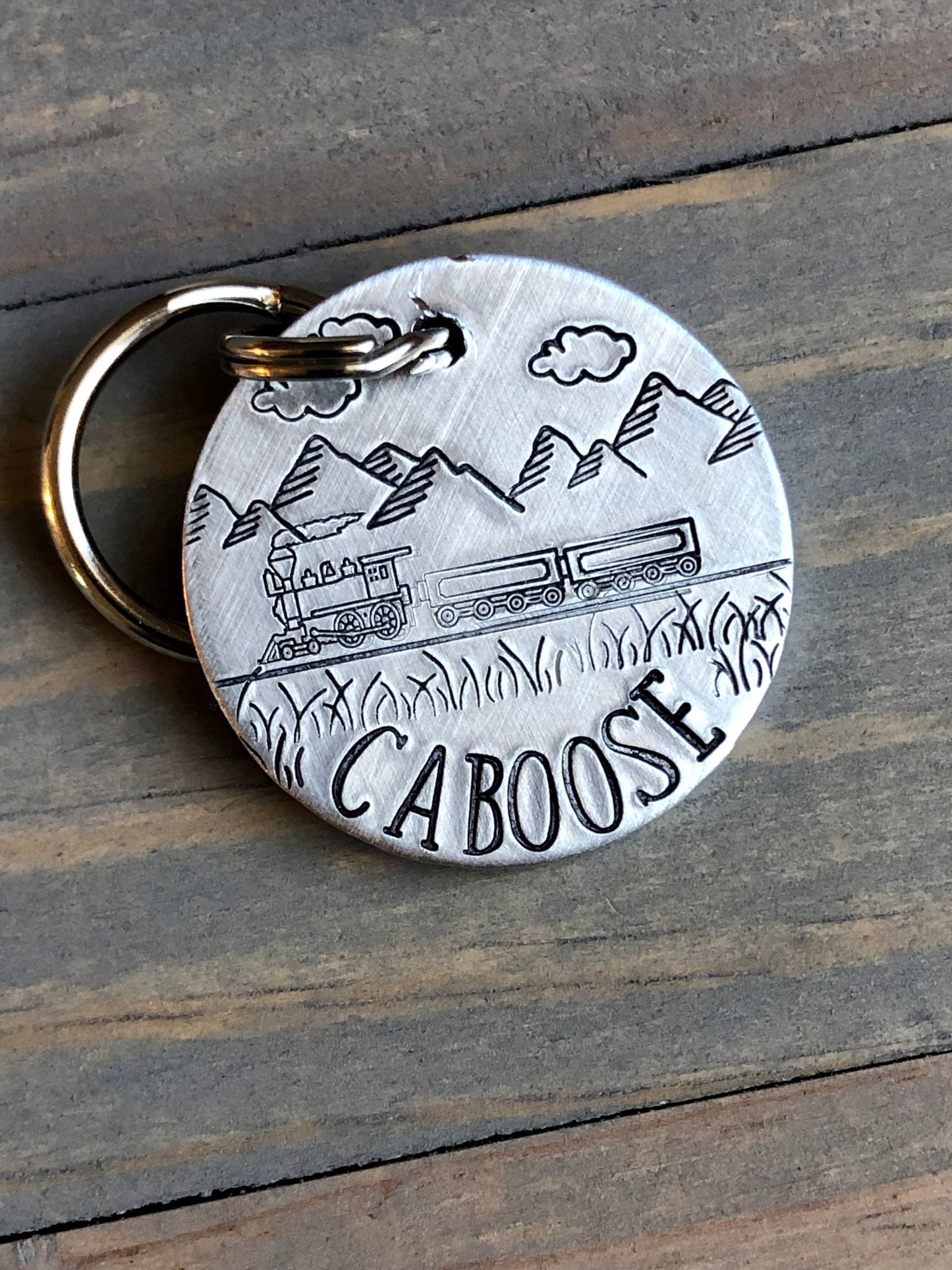 Name Tag for Dog, Hand Stamped Pet ID Tag, Train Dog Tag, Caboose, Dog Tag Mountain Rail Scene, Locomotive, Railway Car