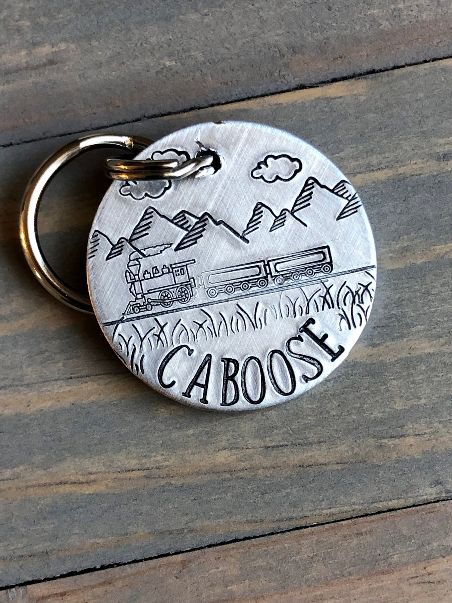 Name Tag for Dog, Hand Stamped Pet ID Tag, Train Dog Tag, Caboose, Dog Tag Mountain Rail Scene, Locomotive, Railway Car