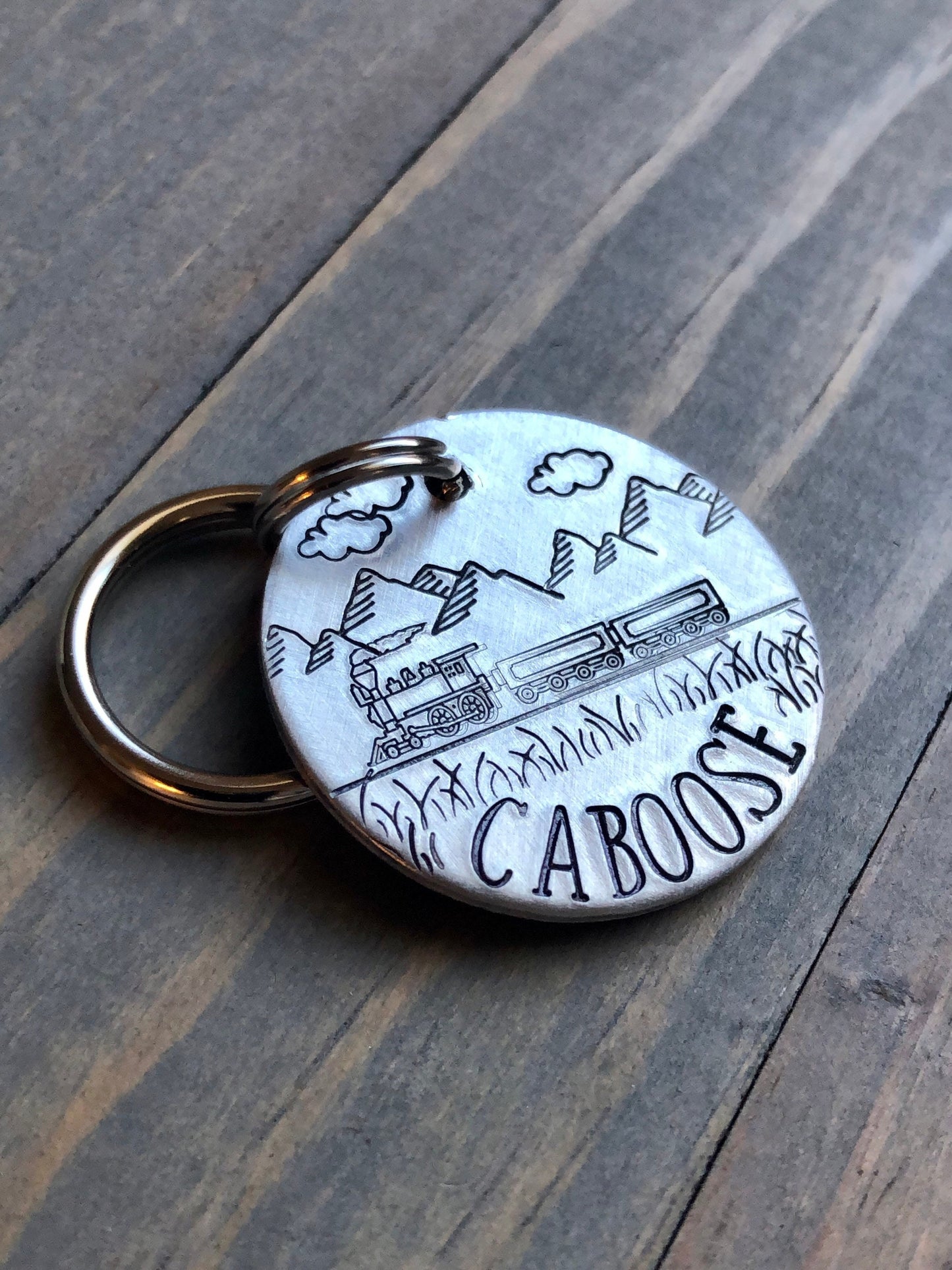 Name Tag for Dog, Hand Stamped Pet ID Tag, Train Dog Tag, Caboose, Dog Tag Mountain Rail Scene, Locomotive, Railway Car