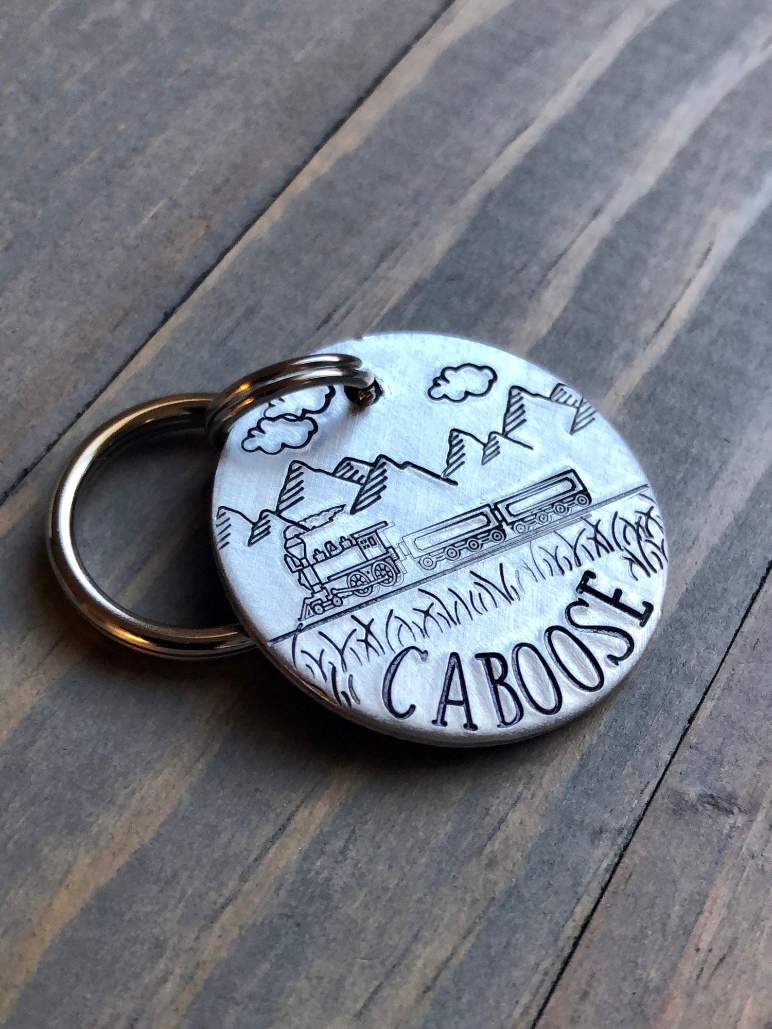 Name Tag for Dog, Hand Stamped Pet ID Tag, Train Dog Tag, Caboose, Dog Tag Mountain Rail Scene, Locomotive, Railway Car