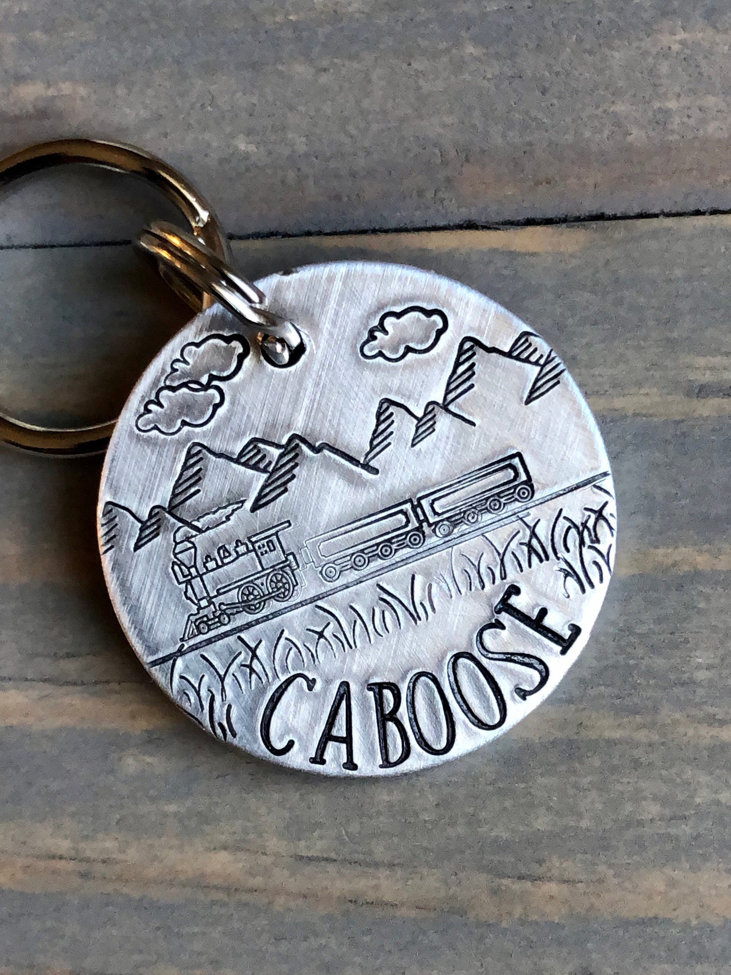 Name Tag for Dog, Hand Stamped Pet ID Tag, Train Dog Tag, Caboose, Dog Tag Mountain Rail Scene, Locomotive, Railway Car