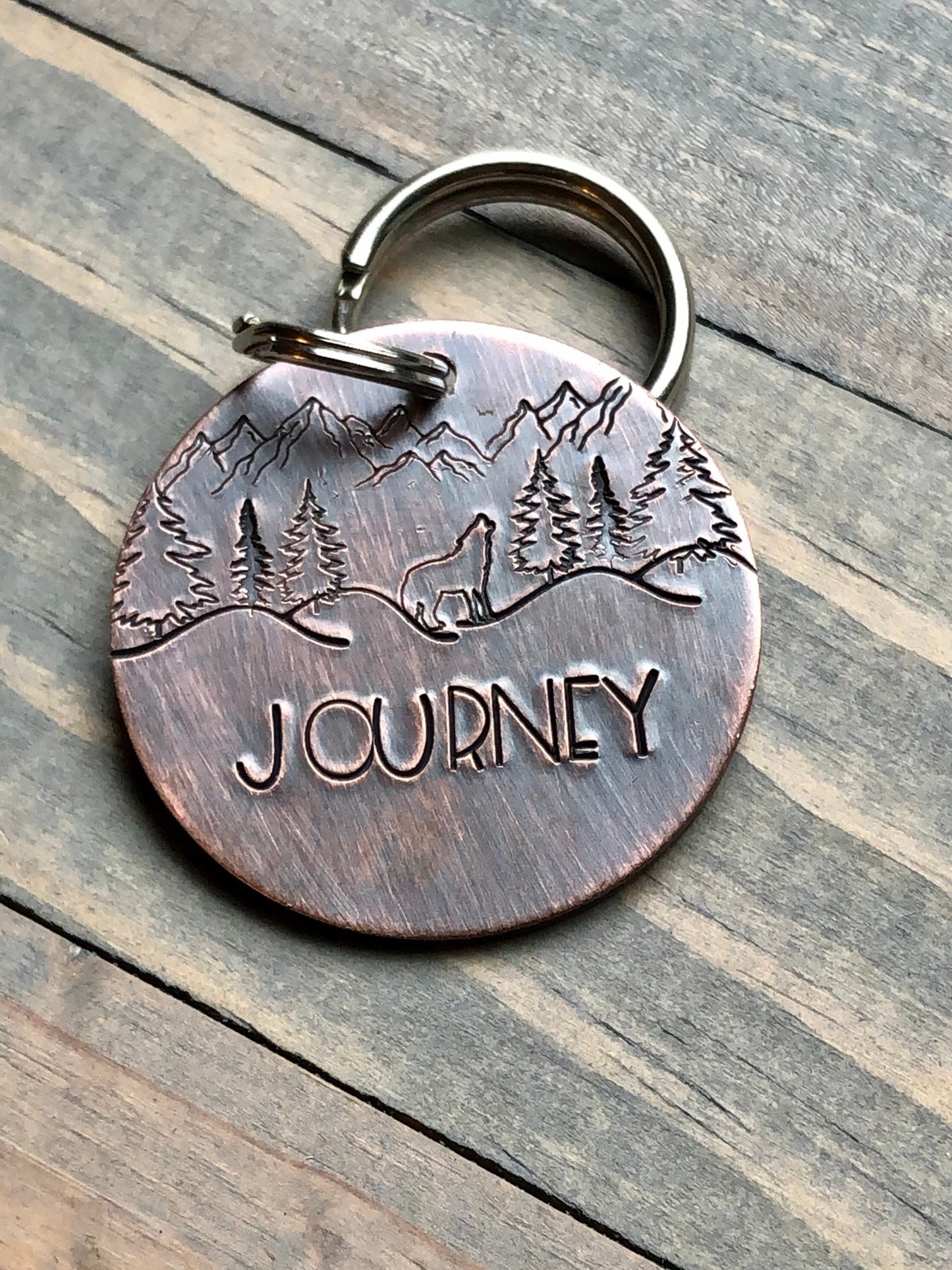 Dog Tag with Wolf, Journey, Wilderness Dog Tag, Adventure Dog ID Tag, Tag for Dog Collar, Trees, Mountains, Pet ID Tag