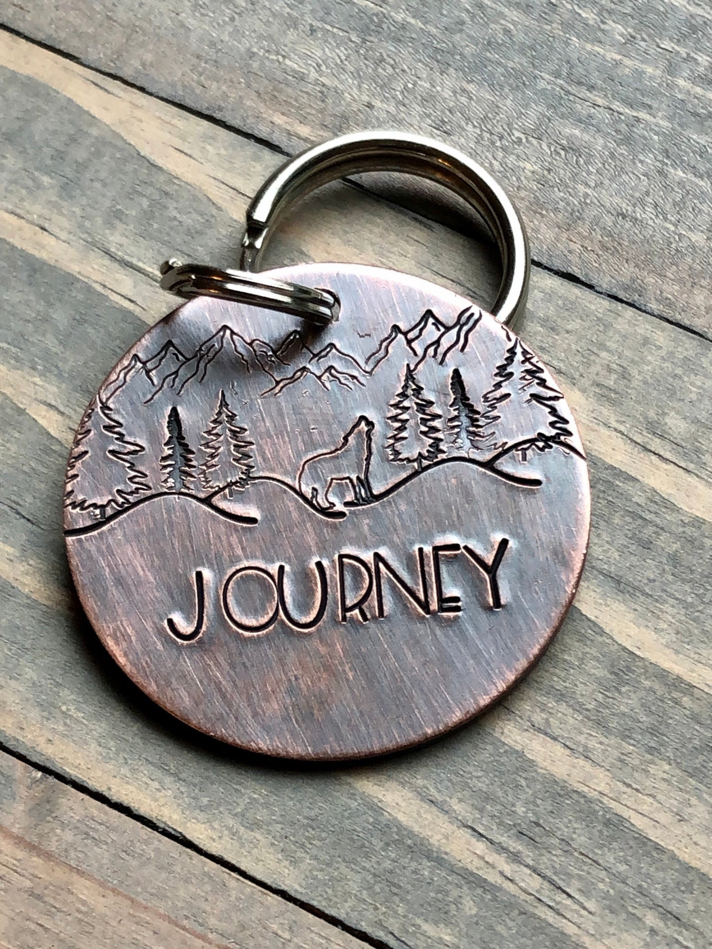 Dog Tag with Wolf, Journey, Wilderness Dog Tag, Adventure Dog ID Tag, Tag for Dog Collar, Trees, Mountains, Pet ID Tag