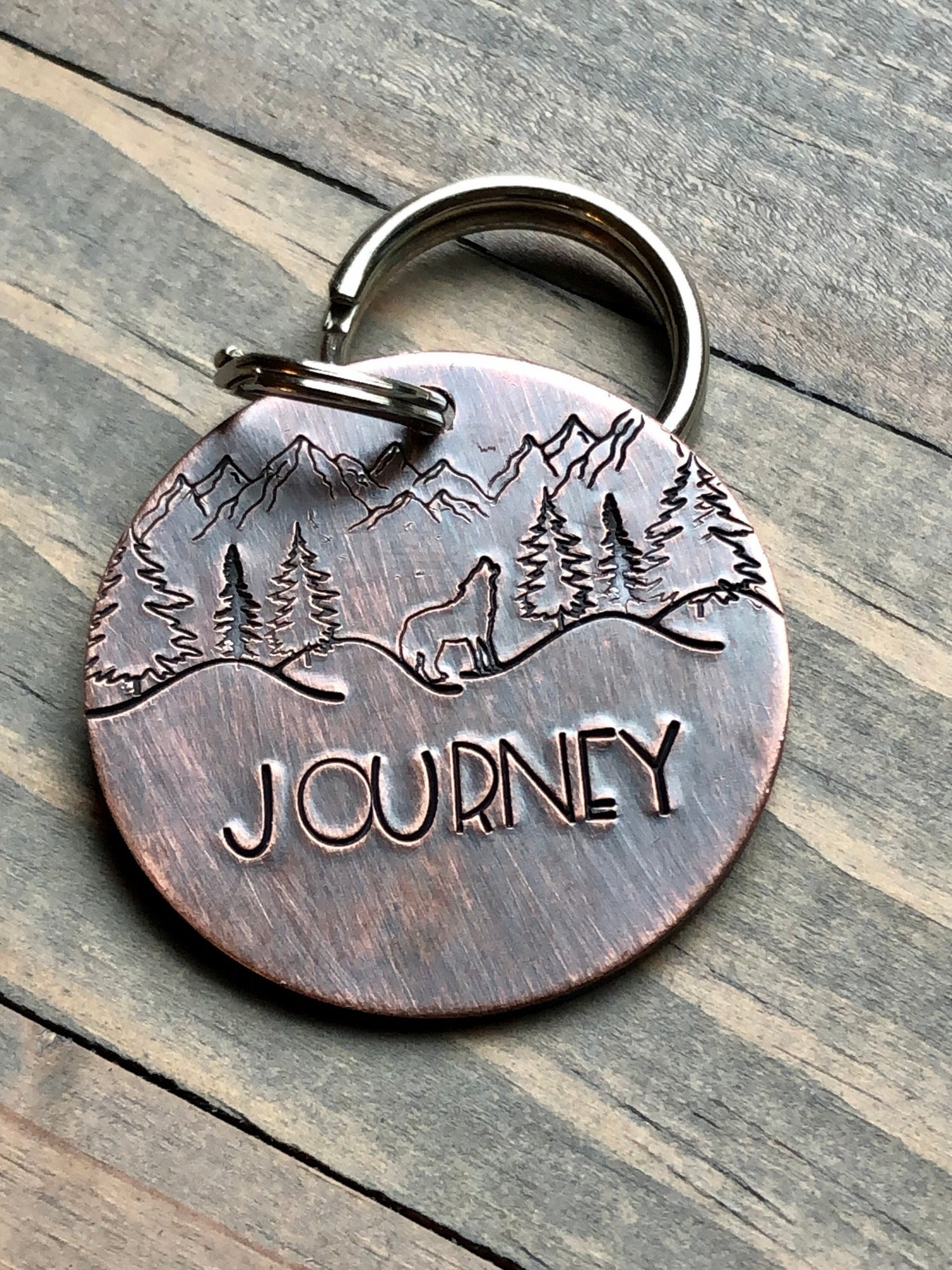 Dog Tag with Wolf, Journey, Wilderness Dog Tag, Adventure Dog ID Tag, Tag for Dog Collar, Trees, Mountains, Pet ID Tag