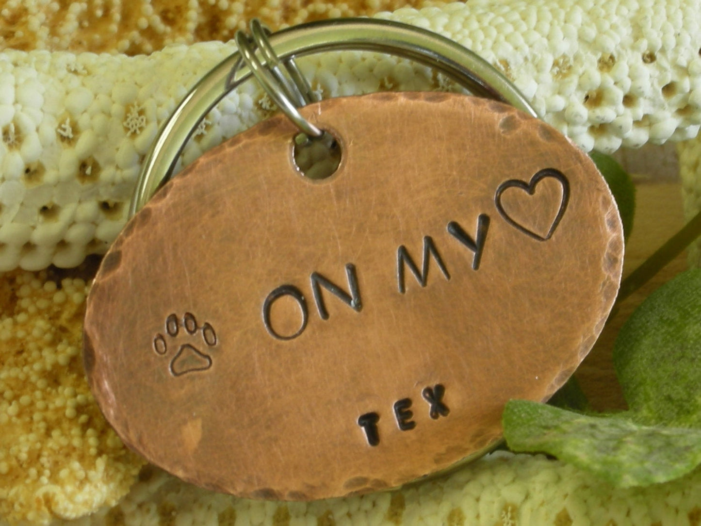 Copper Handstamped Pet Memorial Remembrance Keychain-Pawprints on my Heart