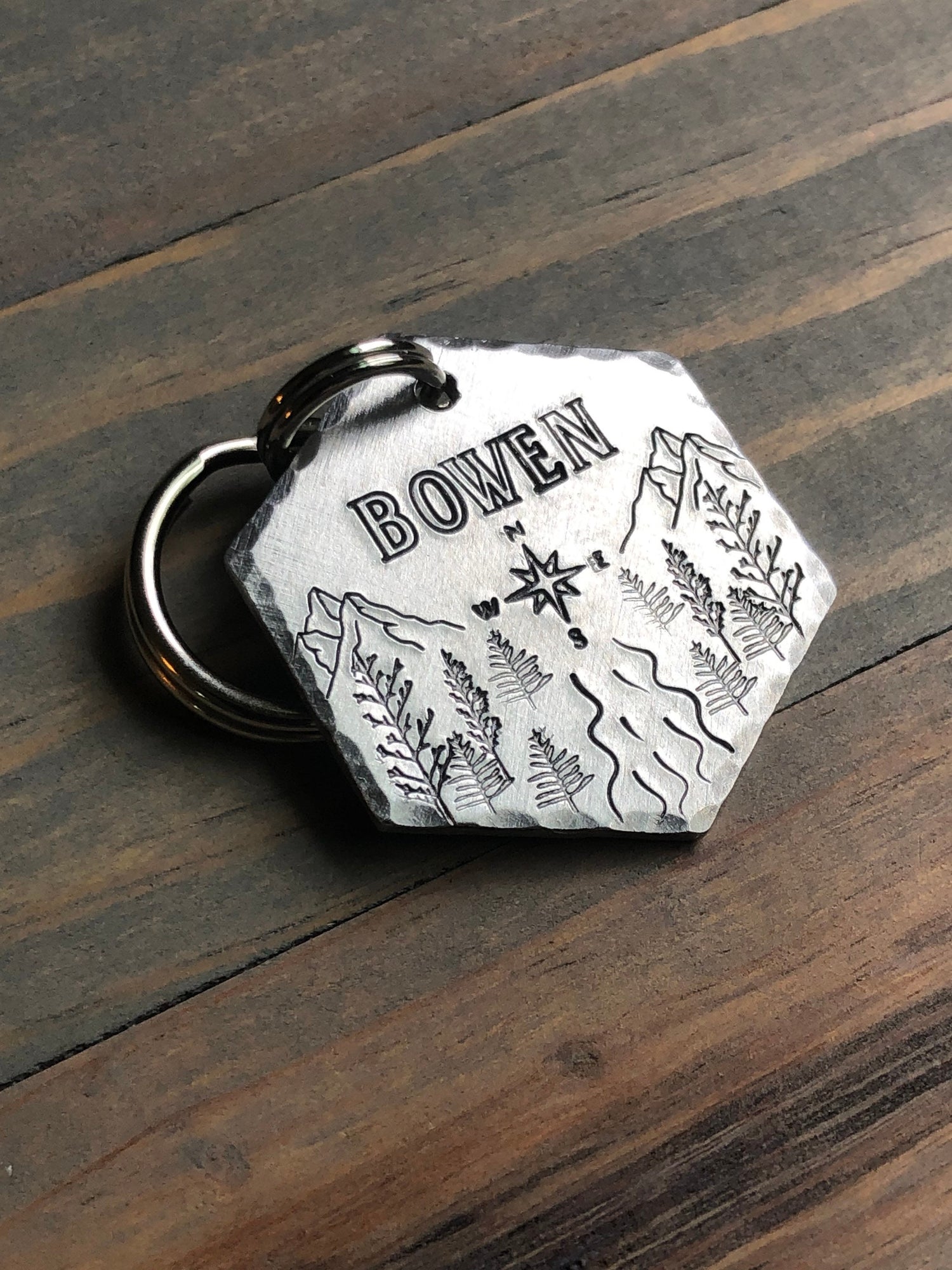 Custom Compass Rose Dog Tag, Hand Stamped Pet ID, Personalized Dog Tag for Dog, Dog ID Tag with Compass, Collar Tag with Mountains, Trees