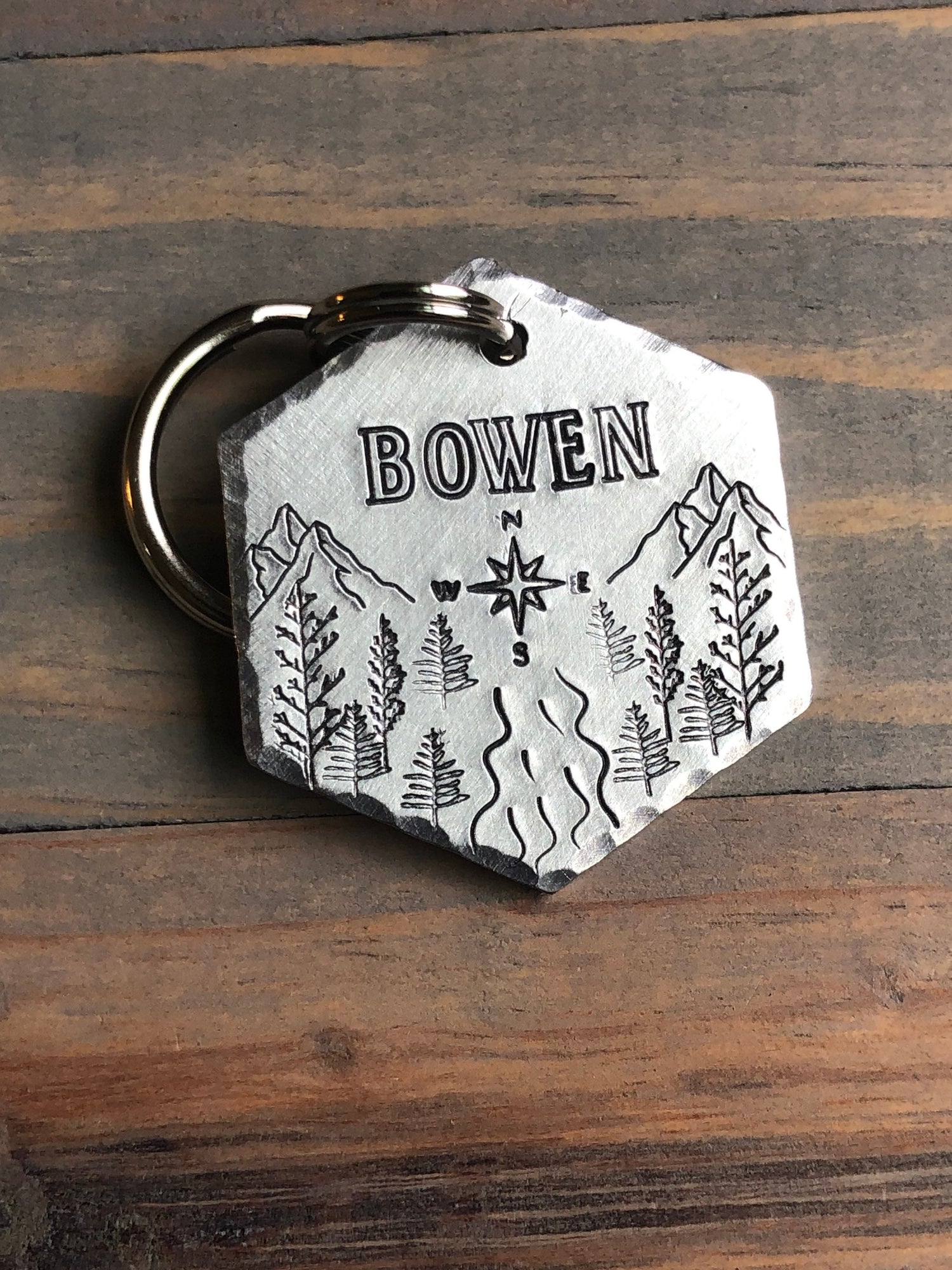 Custom Compass Rose Dog Tag, Hand Stamped Pet ID, Personalized Dog Tag for Dog, Dog ID Tag with Compass, Collar Tag with Mountains, Trees