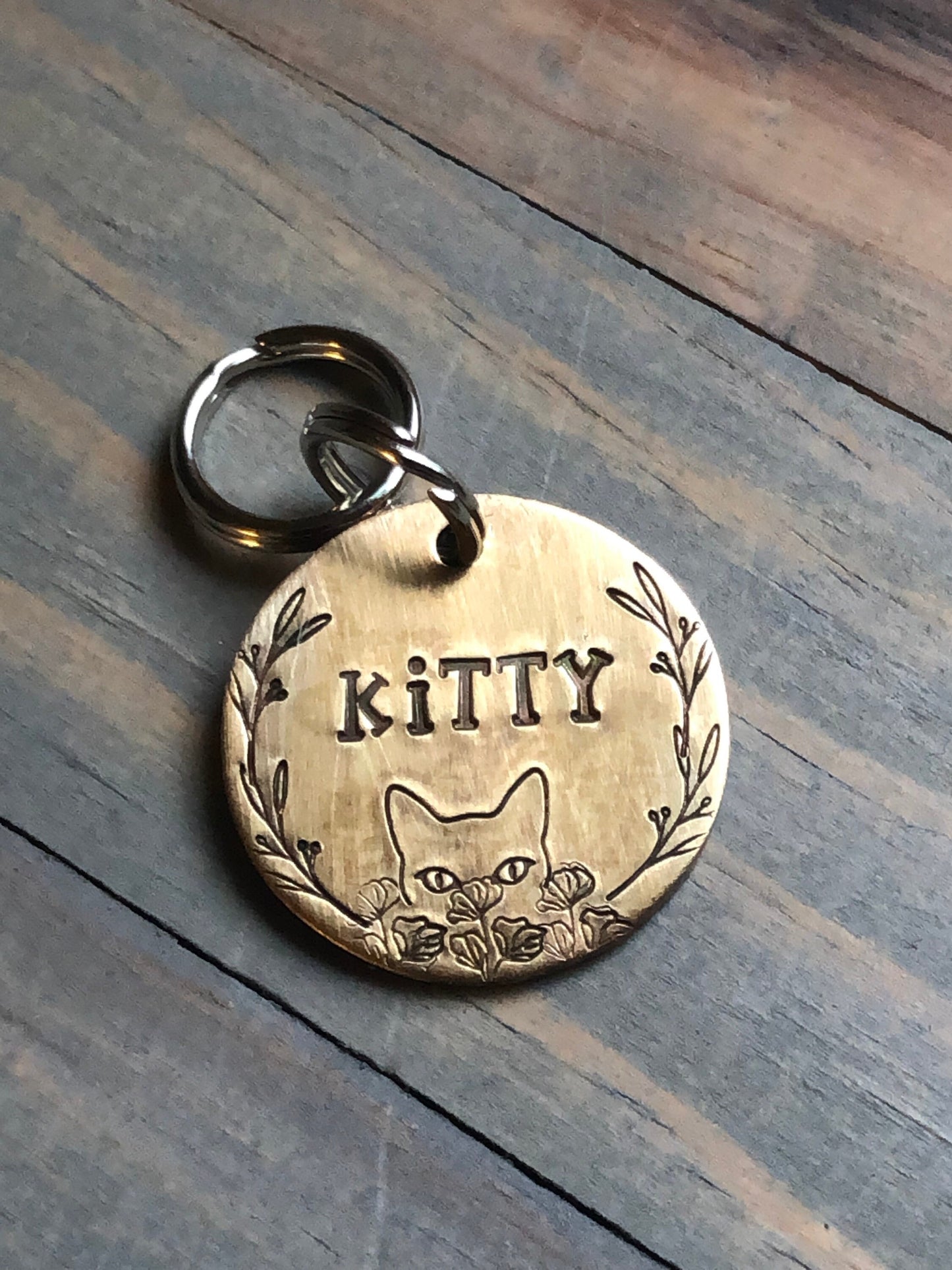 Name Tag for Cat, Hand Stamped Pet ID Tag, Kitty, Personalized Cat Tag for Kitty, Tag with Flowers, Kitten