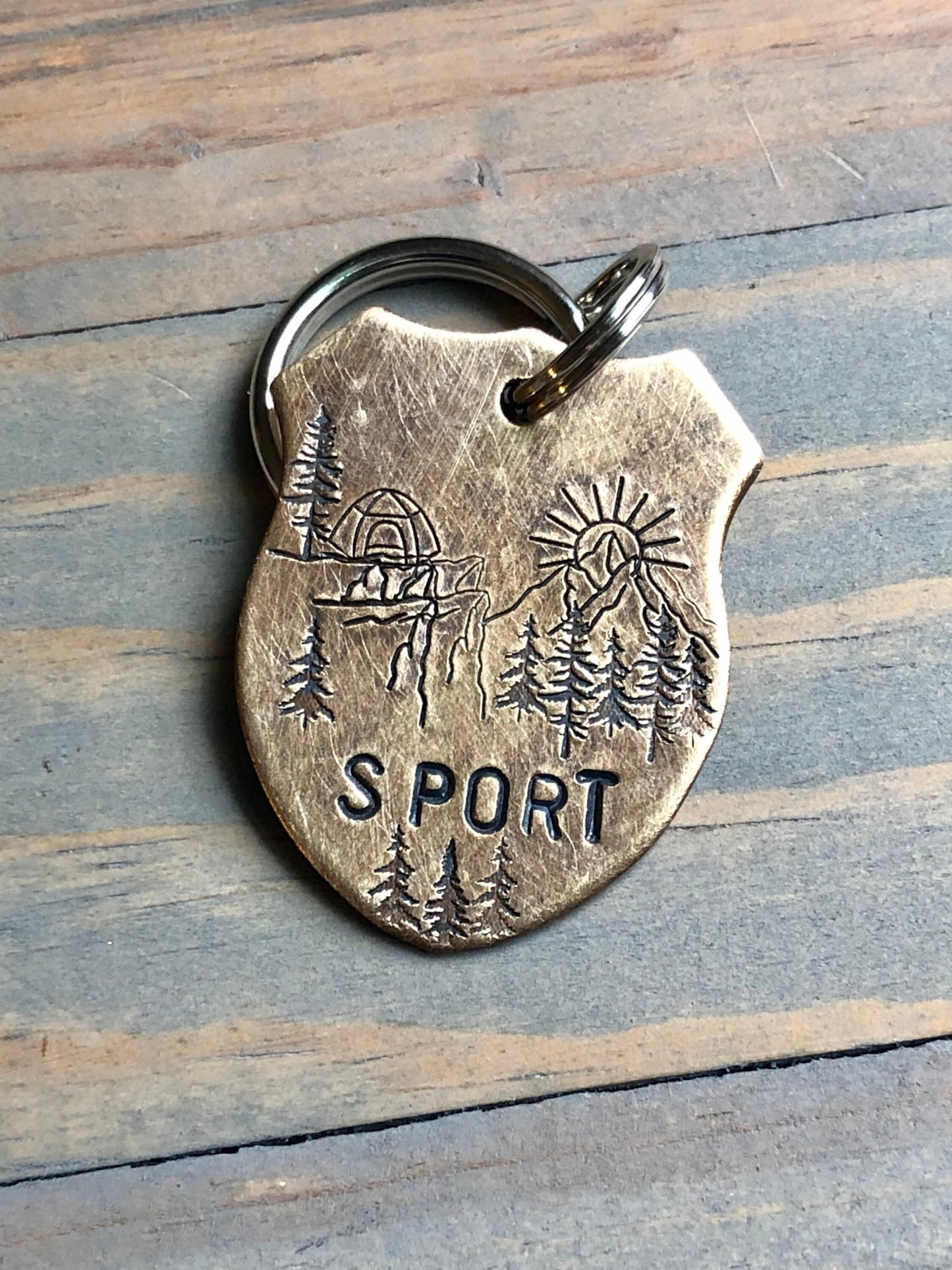 Custom Badge Dog Tag, Hand Stamped Pet ID, Personalized Dog Tag for Dog, Camping Collar Tag, Tag with Tent, Mountains & Trees, Sport