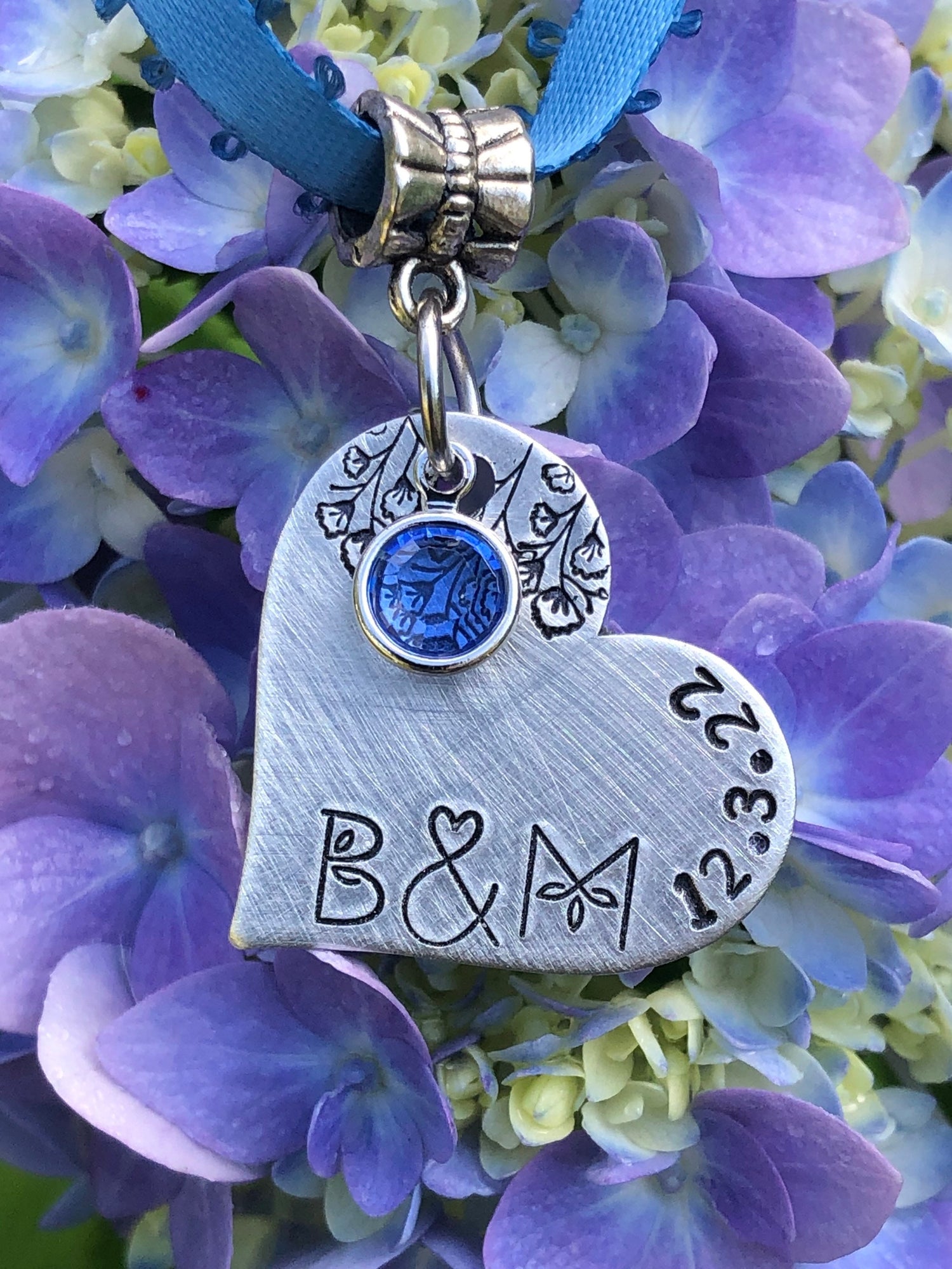 Something Blue for Wedding, Personalized Bridal Bouquet Charm, Unique Font and Ampersand for Weddings, Bridal Couple Initials and Date