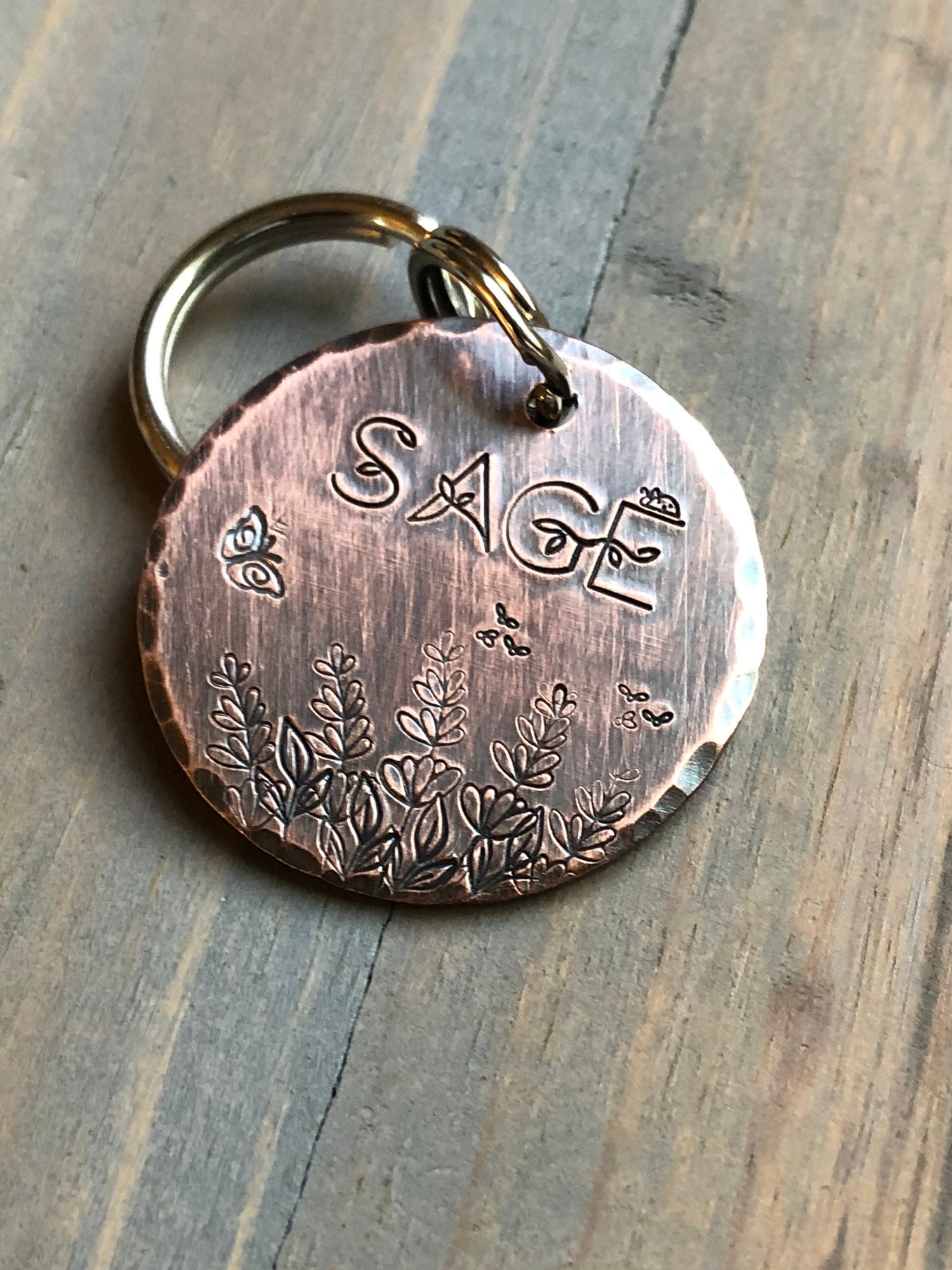 Name Tag for Dog with Flowers, Hand Stamped Pet ID Tag w/ Butterfly, Bees & Ladybug,, Floral Font, Personalized Dog Tag, Cute Dog Tag