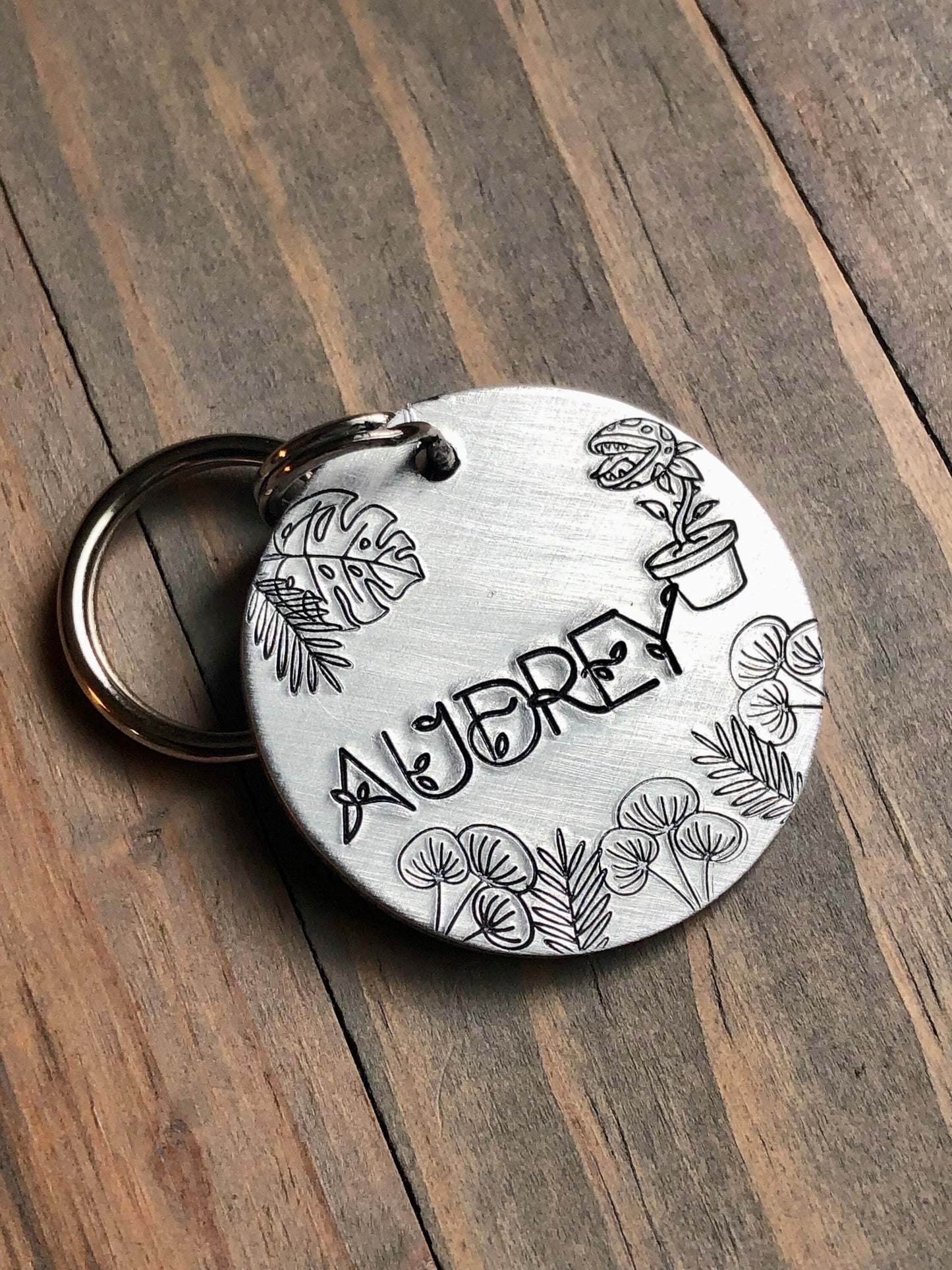 Name Tag for Dog, Hand Stamped Pet ID Tag, Audrey Dog Tag, Monster Plant, Dog Tag with Plants, Ferns, Leaves, Horror