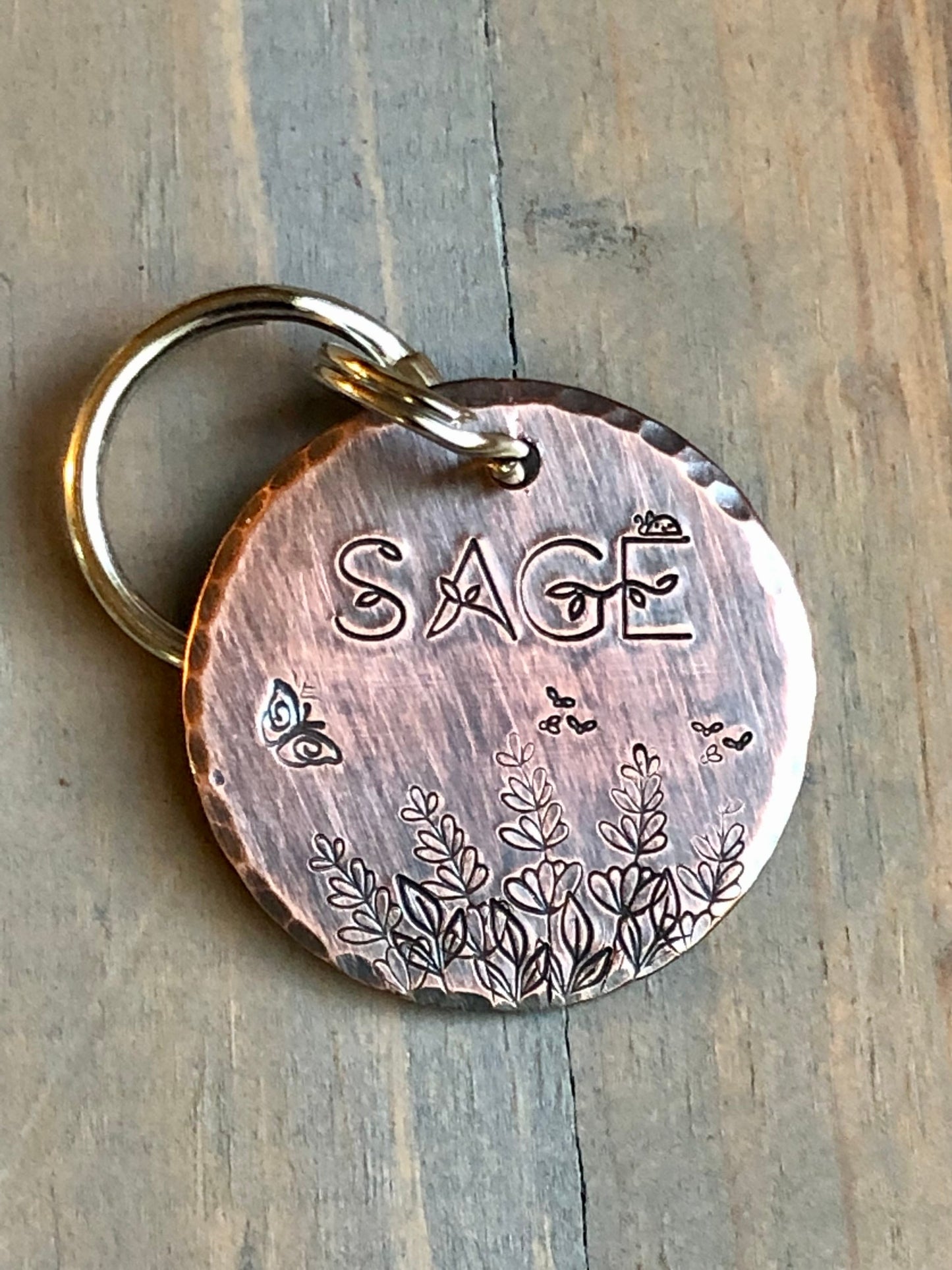 Name Tag for Dog with Flowers, Hand Stamped Pet ID Tag w/ Butterfly, Bees & Ladybug,, Floral Font, Personalized Dog Tag, Cute Dog Tag