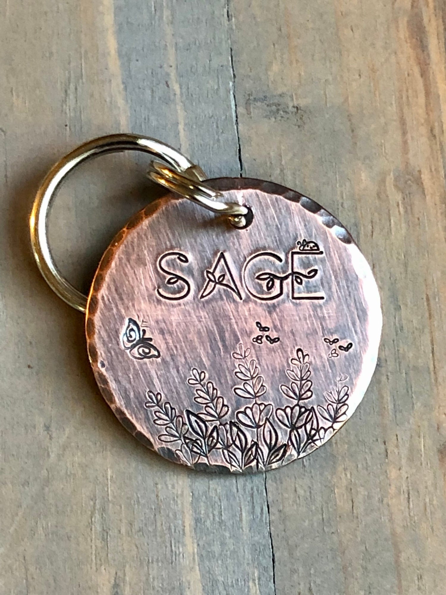 Name Tag for Dog with Flowers, Hand Stamped Pet ID Tag w/ Butterfly, Bees & Ladybug,, Floral Font, Personalized Dog Tag, Cute Dog Tag