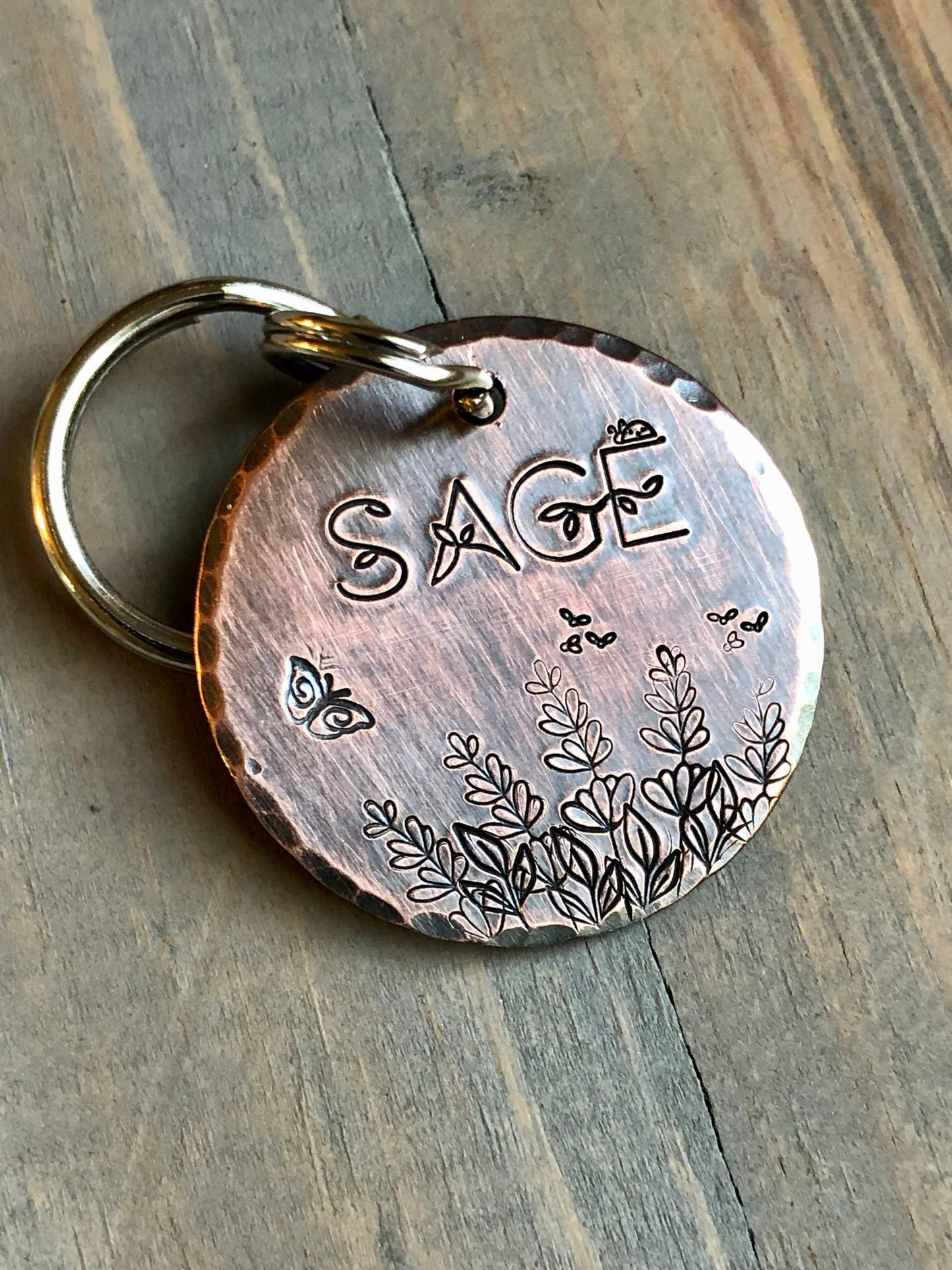 Name Tag for Dog with Flowers, Hand Stamped Pet ID Tag w/ Butterfly, Bees & Ladybug,, Floral Font, Personalized Dog Tag, Cute Dog Tag