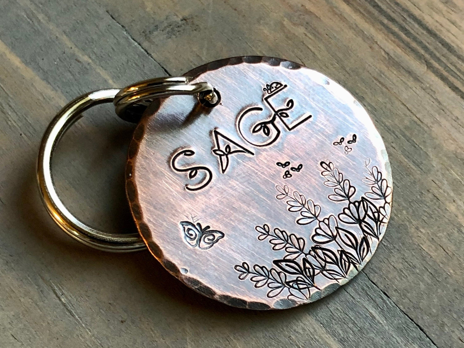 Name Tag for Dog with Flowers, Hand Stamped Pet ID Tag w/ Butterfly, Bees & Ladybug,, Floral Font, Personalized Dog Tag, Cute Dog Tag