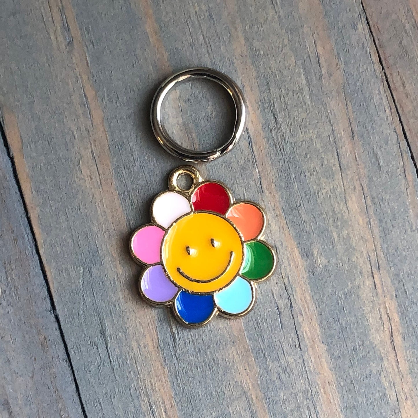 Happy Flower Charm for Dog Tag, Enamel Flower Charm, Daisy Shaped Tag, Smiley Face Tag, Cute Tag, Dog Tag, Pet ID Tag Charm
