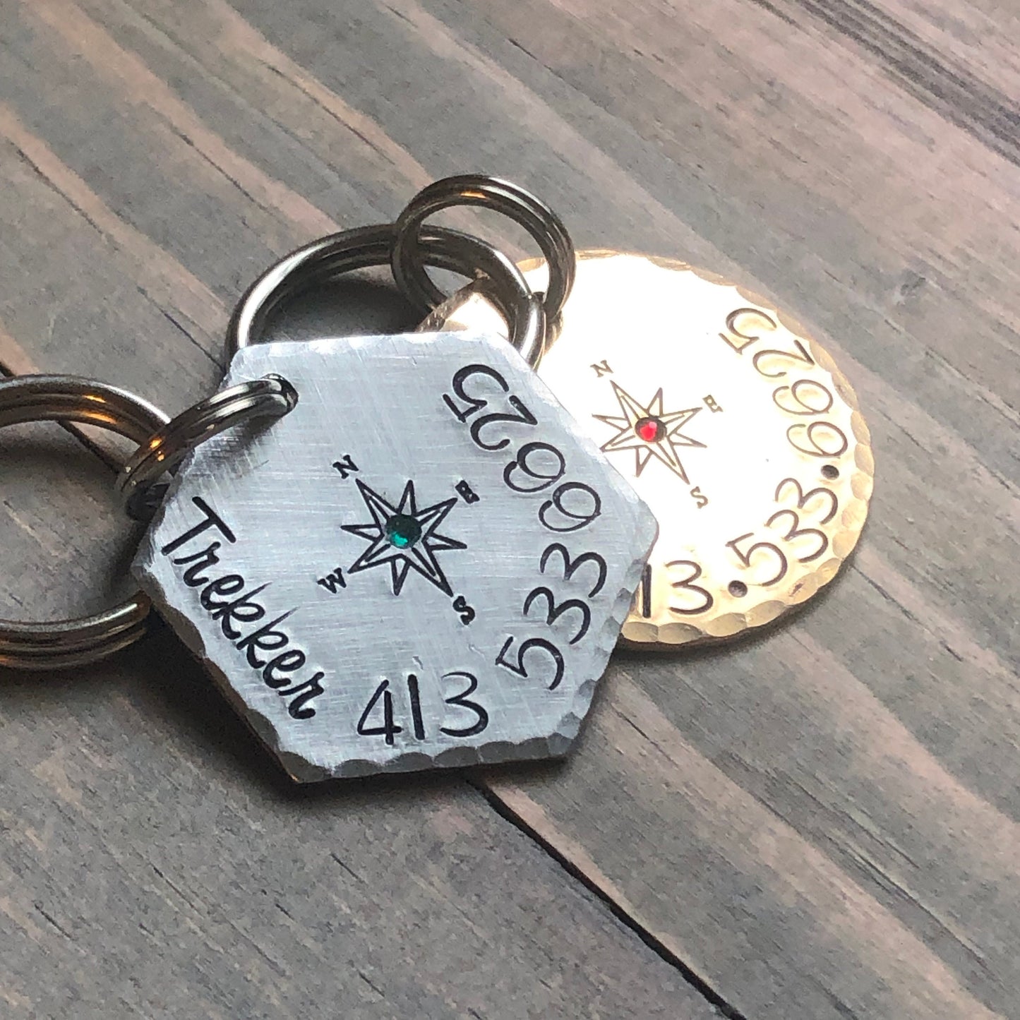 Compass Rose Hand Stamped Pet ID Tag, Name Tag for Dog, Adventure Dog Tag, Personalized Dog Tag for Dog, Compass, Crystal Inset