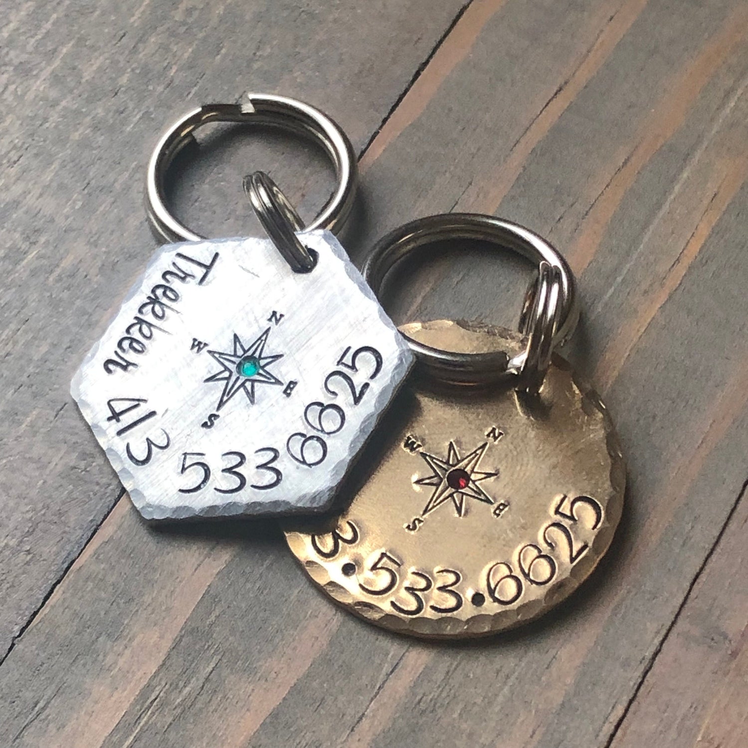 Compass Rose Hand Stamped Pet ID Tag, Name Tag for Dog, Adventure Dog Tag, Personalized Dog Tag for Dog, Compass, Crystal Inset