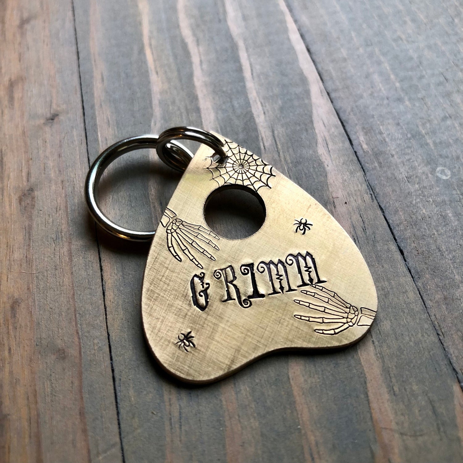 Custom Planchette Dog Tag with skeleton, Hand Stamped Pet ID, Personalized Dog Tag for Dog, Halloween Collar Tag, Tag with spiders and web
