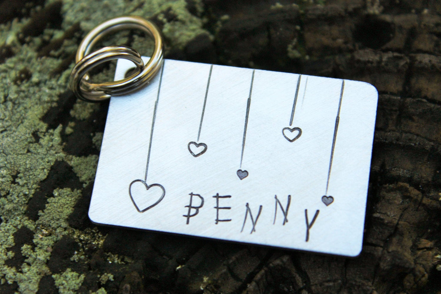 Custom Hand Stamped Dog ID Tag, Heart Strings, Personalized Dog Tag, Tag with Hearts, Tag for Large Dog, Copper Dog Tag, Aluminum Pet ID Tag