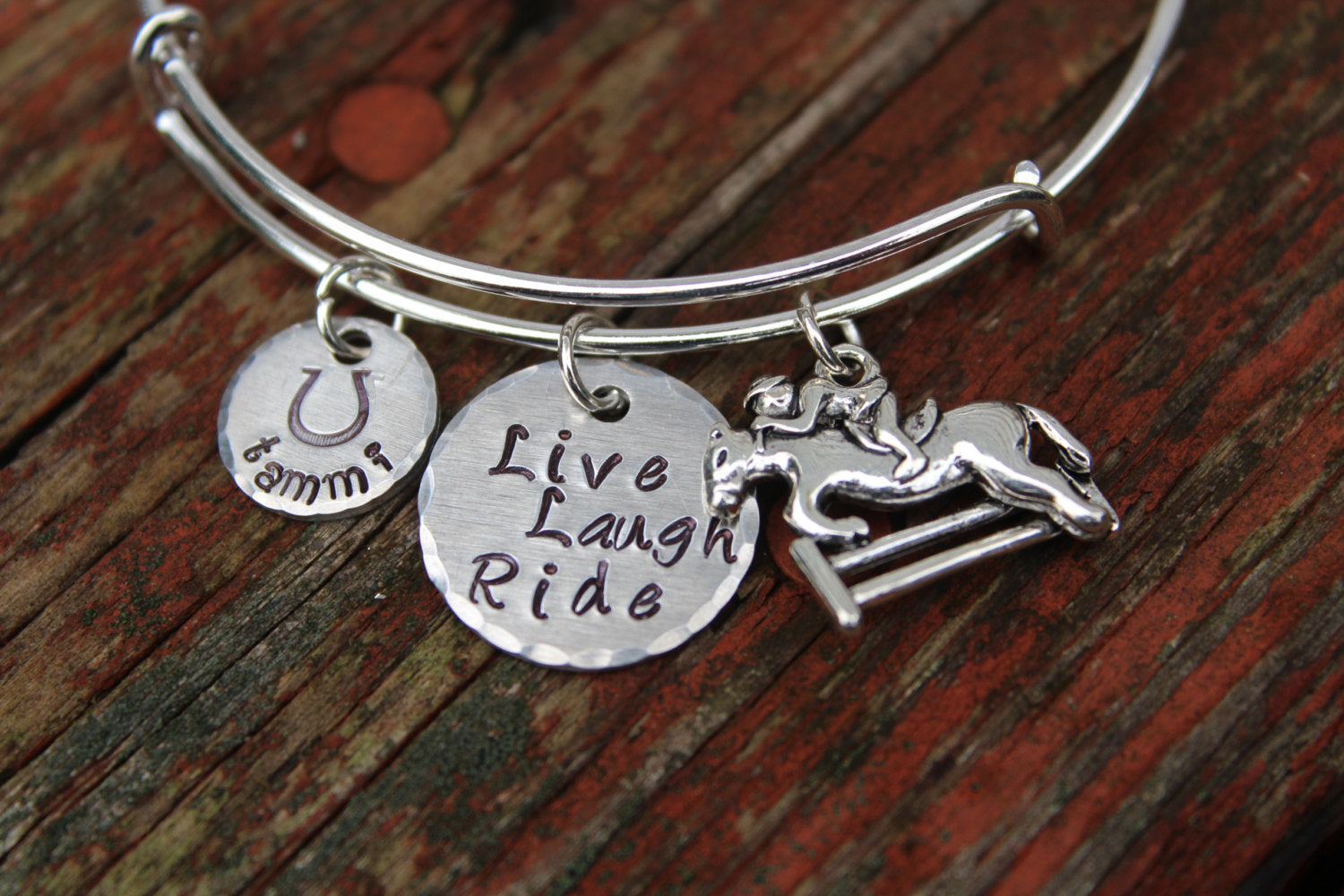 Hand Stamped Equestrian Bracelet-Custom Bangle for Horse Lovers-Horse Bracelet-Personalized Bracelet-