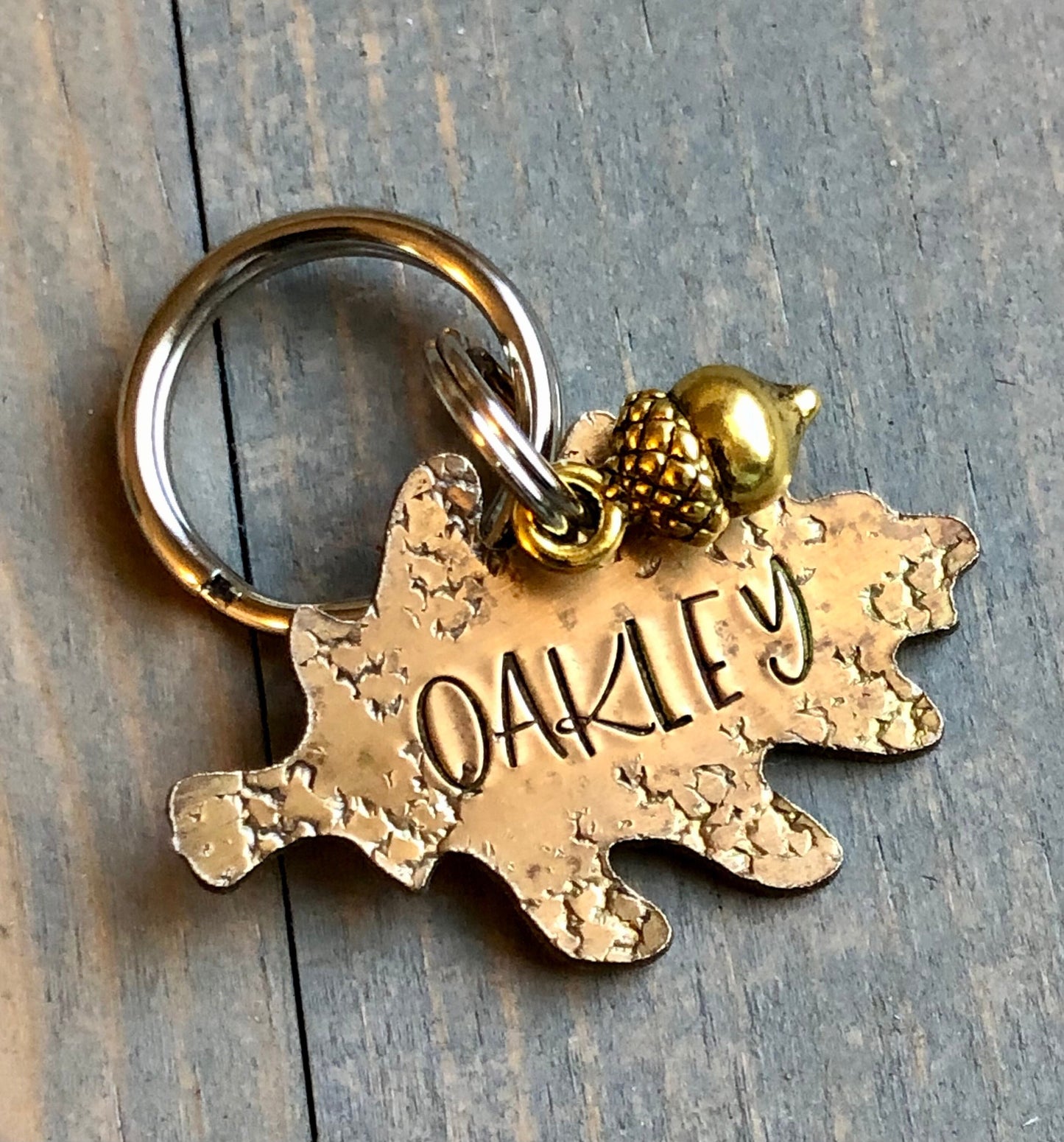 Custom Oak Leaf Dog Tag, Leaf Hand Stamped Pet ID with Optional Acorn Charm, Personalized Dog Tag for Dog, Oakley Dog Tag
