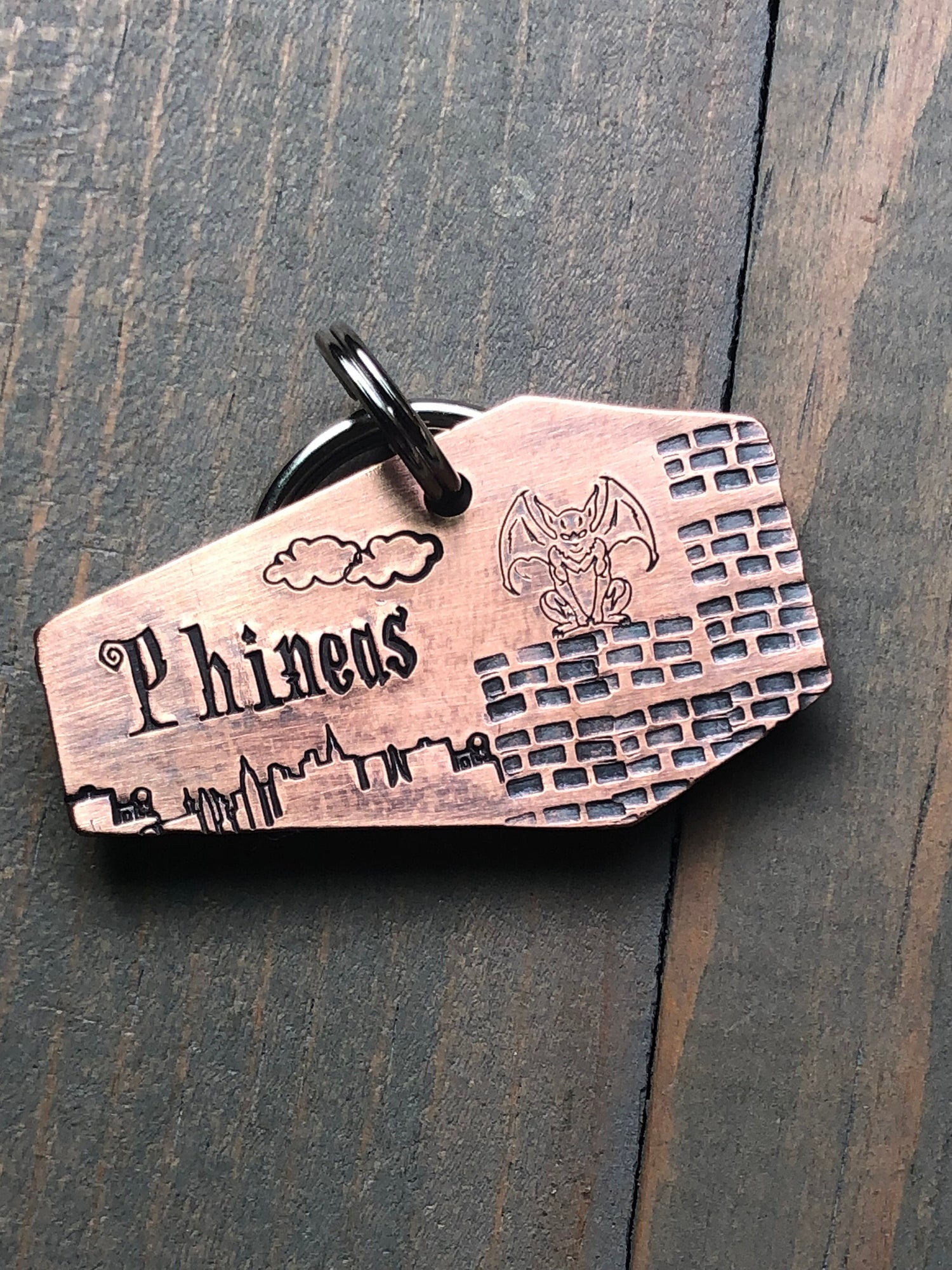 Gargoyle Coffin Dog Tag, Hand Stamped Pet ID, Personalized Dog Tag for Dog, Halloween Collar Tag, Tag with Gargoyle, Spooky Dog Tag, Phineas