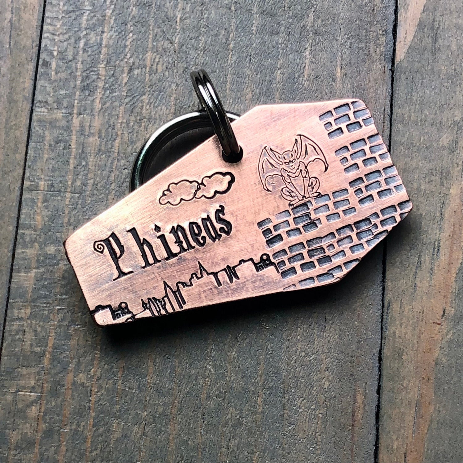 Gargoyle Coffin Dog Tag, Hand Stamped Pet ID, Personalized Dog Tag for Dog, Halloween Collar Tag, Tag with Gargoyle, Spooky Dog Tag, Phineas