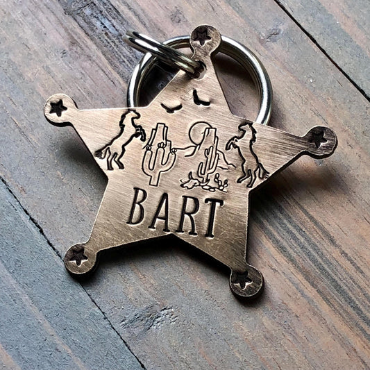 Sheriff Badge Dog Tag, Western Style Pet ID, Tag for Dog Collar, Personalized, Custom, Cowboy, Horse, Cactus