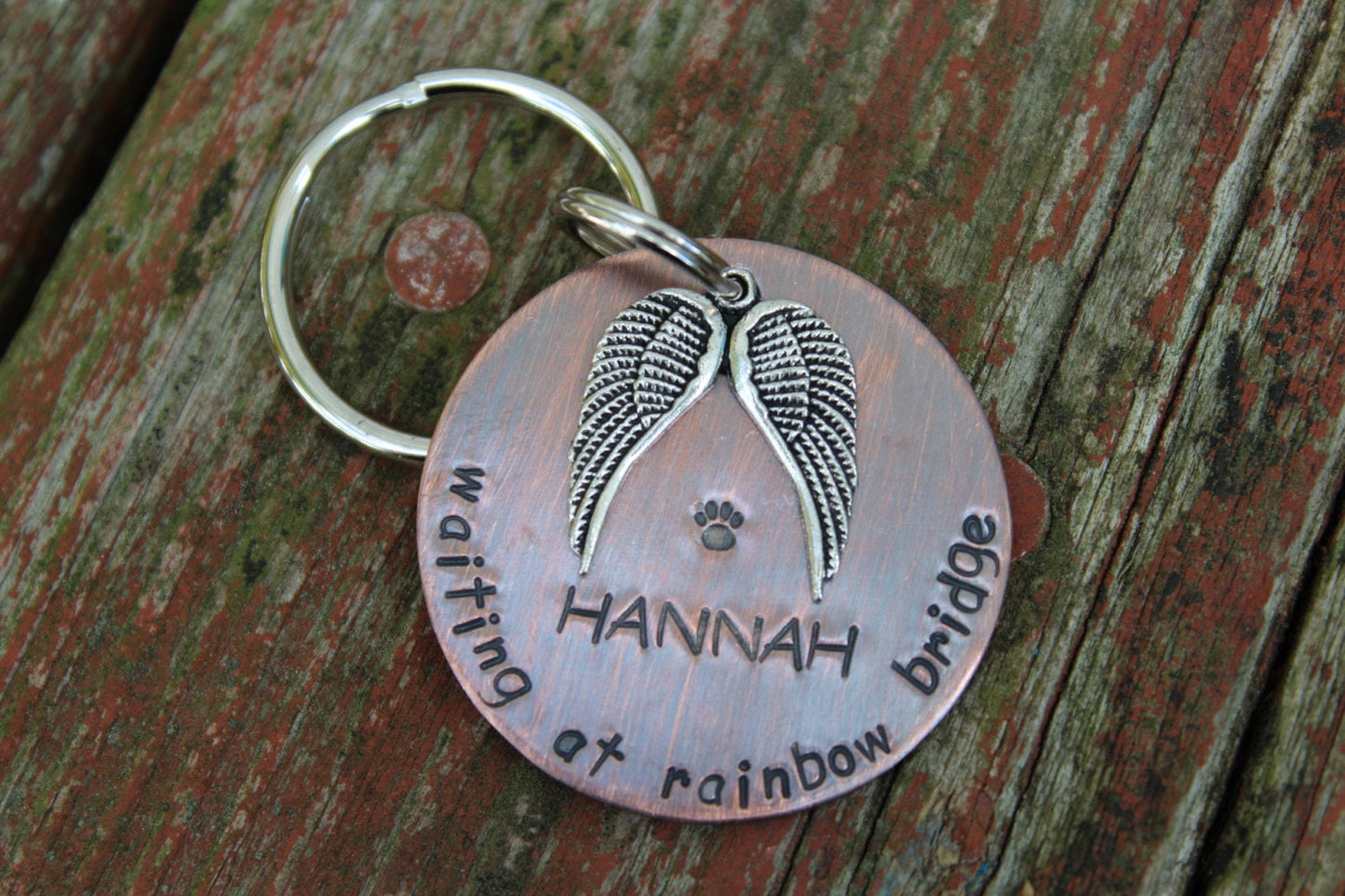 Copper Handstamped Pet Memorial Remembrance Keychain-Waiting at Rainbow Bridge with Angel Wings