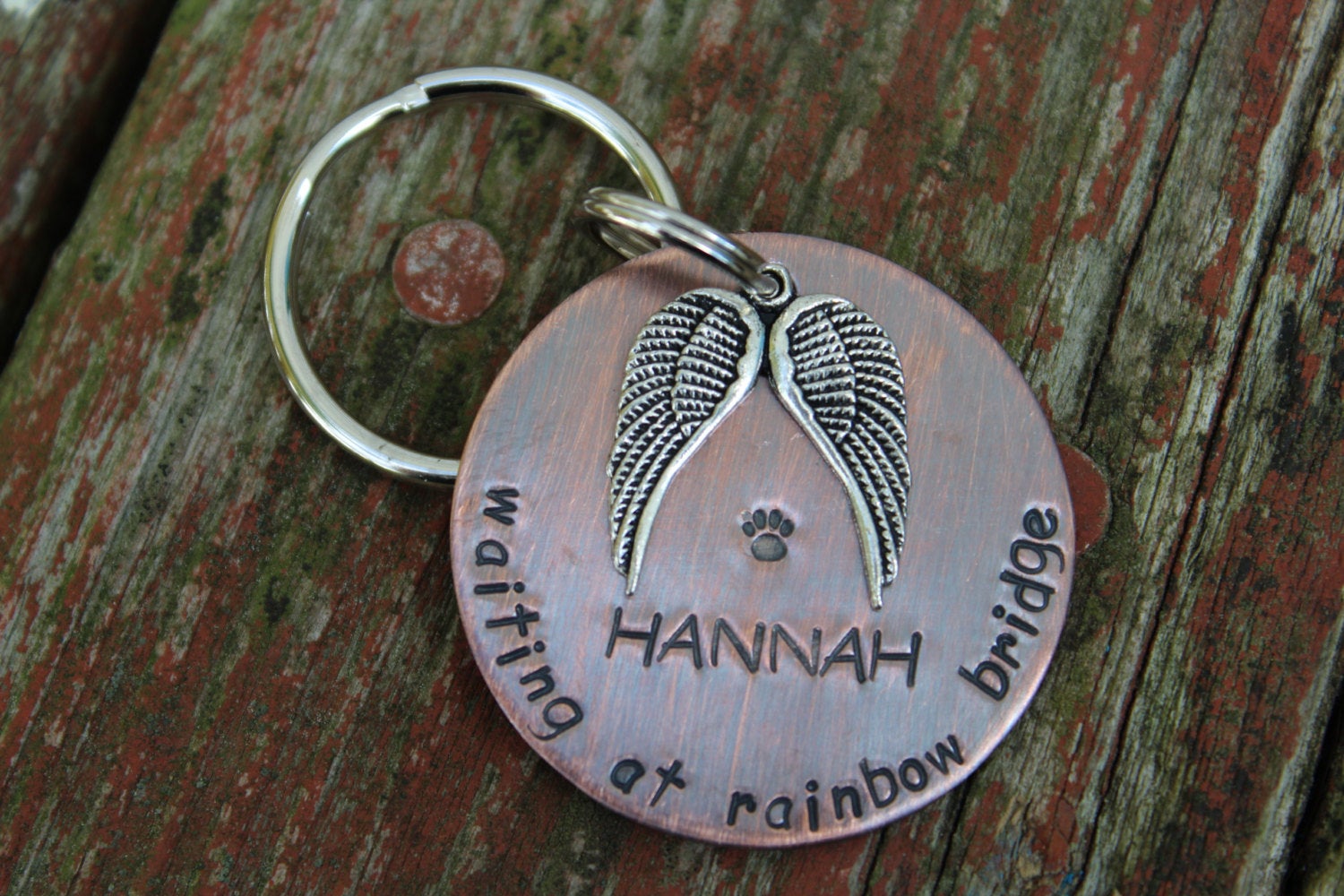 Copper Handstamped Pet Memorial Remembrance Keychain-Waiting at Rainbow Bridge with Angel Wings