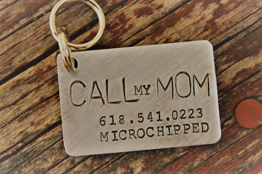 Custom Hand Stamped Dog ID Tag, Call My Mom, Personalized Dog Tag, Tag for Large Dog, Copper Dog Tag, Aluminum Pet ID Tag