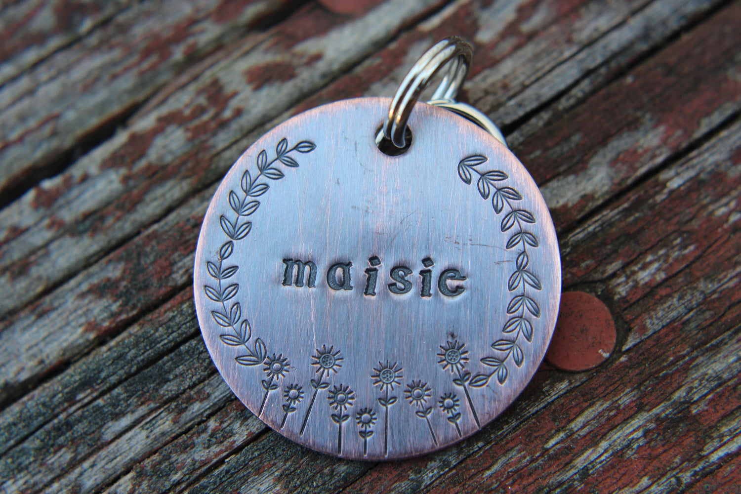 Custom ID Dog Tag, The Maisie, Hand Stamped Dog Tag, Tag for Dog, Puppy Tag, Tag with Flowers, Copper Dog Tag, Pet ID, Identification Tag