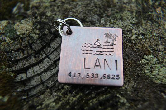Custom Dog ID Tag, Tropical, Hand Stamped Dog Tag, Coastal Pet ID Tag, Nautical Tag, Palm Tree Tag, Sailboar Dog Tag
