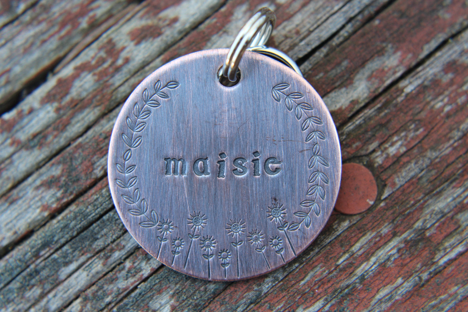 Custom ID Dog Tag, The Maisie, Hand Stamped Dog Tag, Tag for Dog, Puppy Tag, Tag with Flowers, Copper Dog Tag, Pet ID, Identification Tag