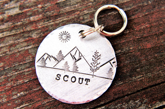 Pet ID with Mountains, Wilderness Tag, Dog ID Tag, Dog Tag with Trees, Hand stamped ID, Custom Dog Tag, Tag for Dog
